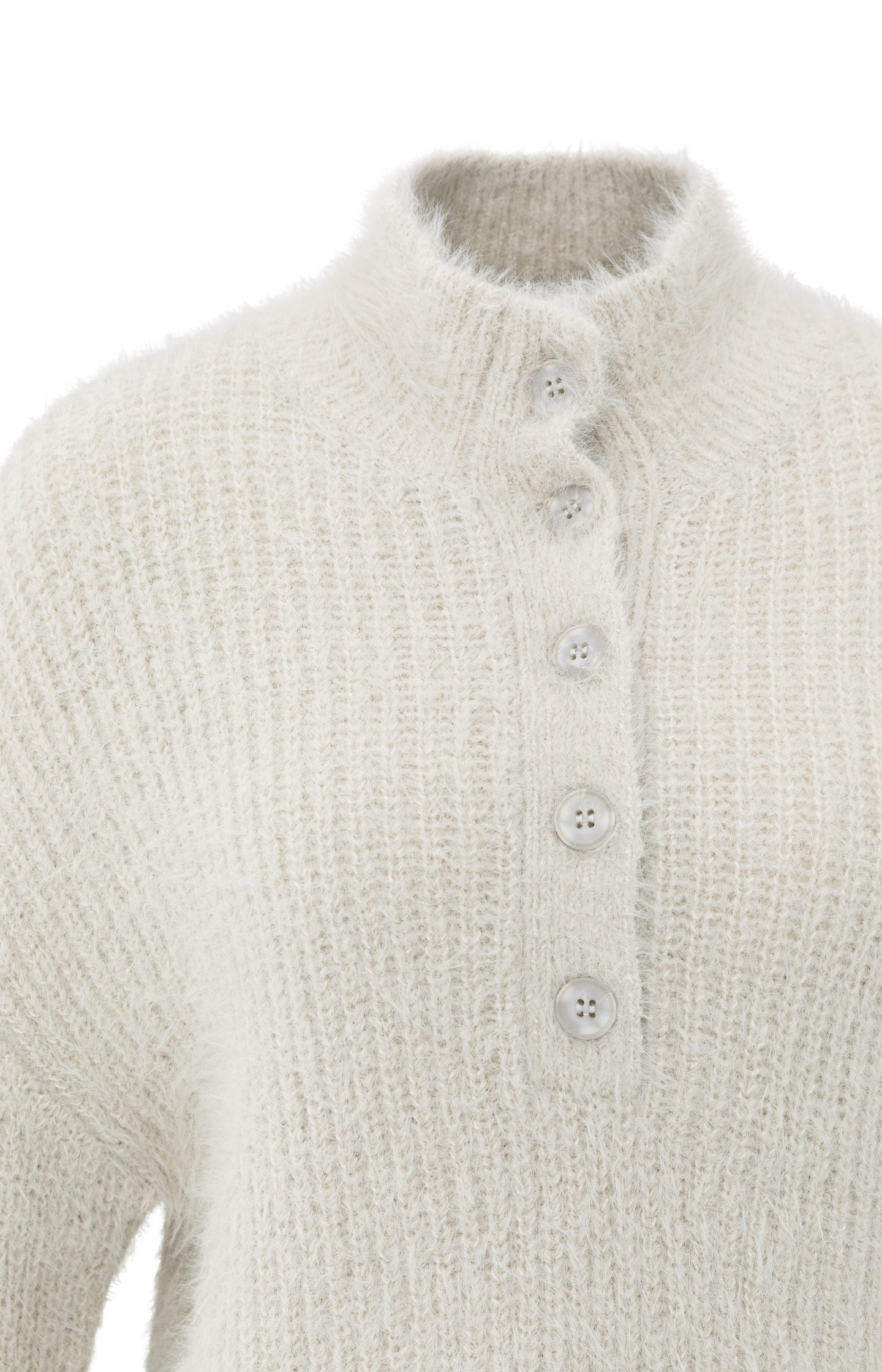 Fluffy cropped sweater with stand-up collar and buttons