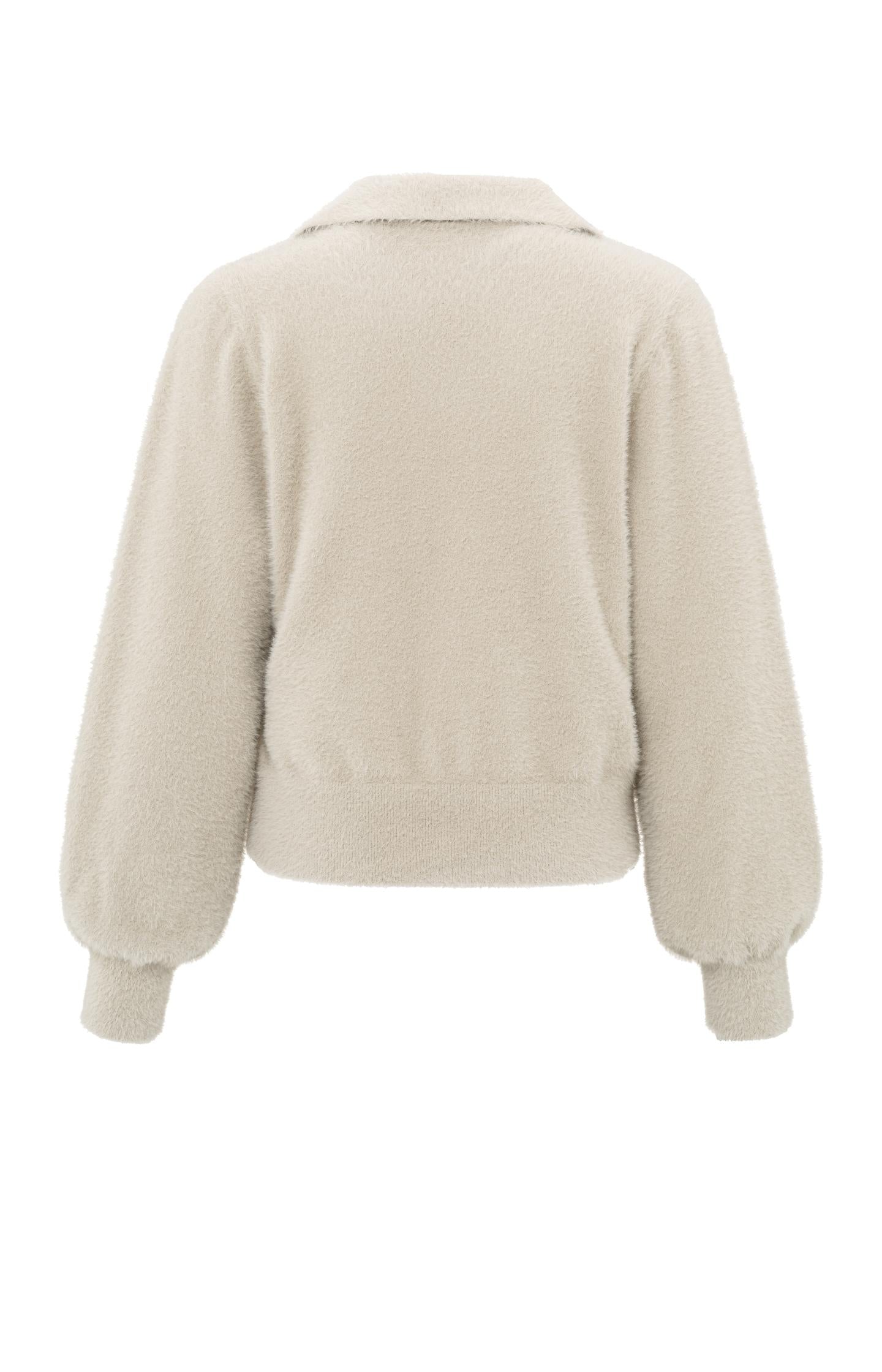 Fluffy polo sweater with classic collar and V-neck