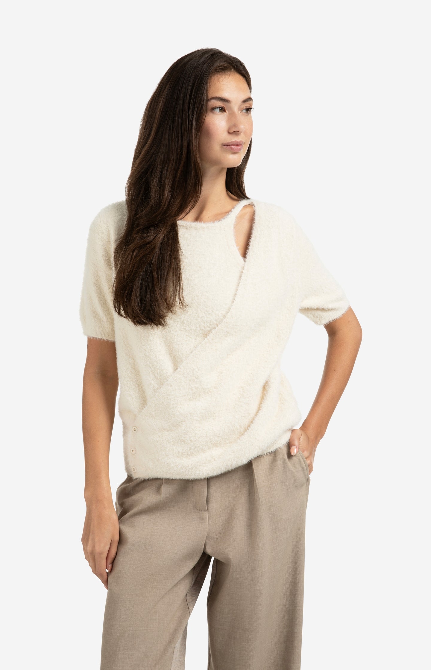 Fluffy short-sleeve sweater with wrap-over detail