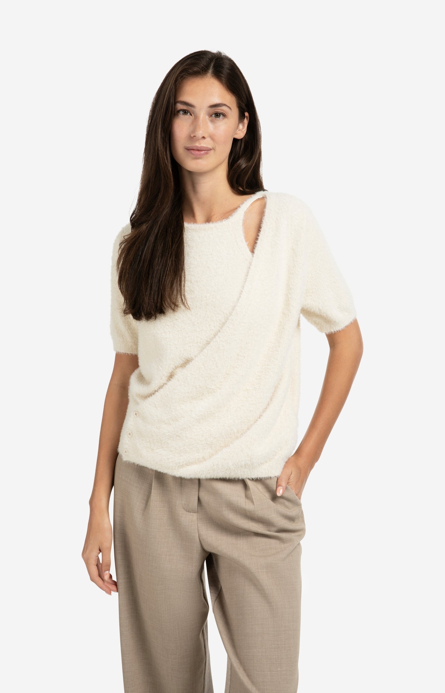 Fluffy short-sleeve sweater with wrap-over detail