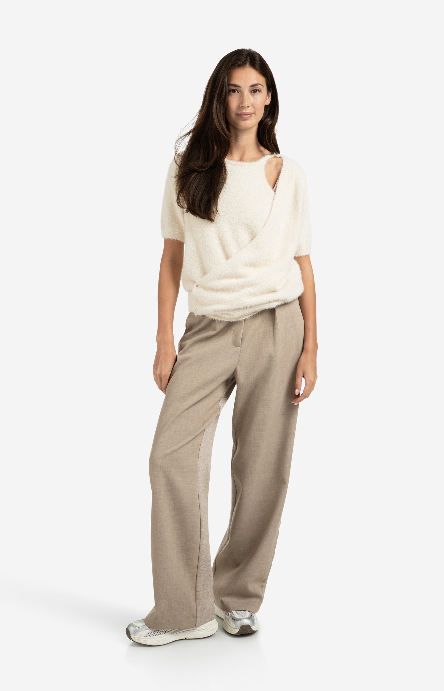 Fluffy short-sleeve sweater with wrap-over detail
