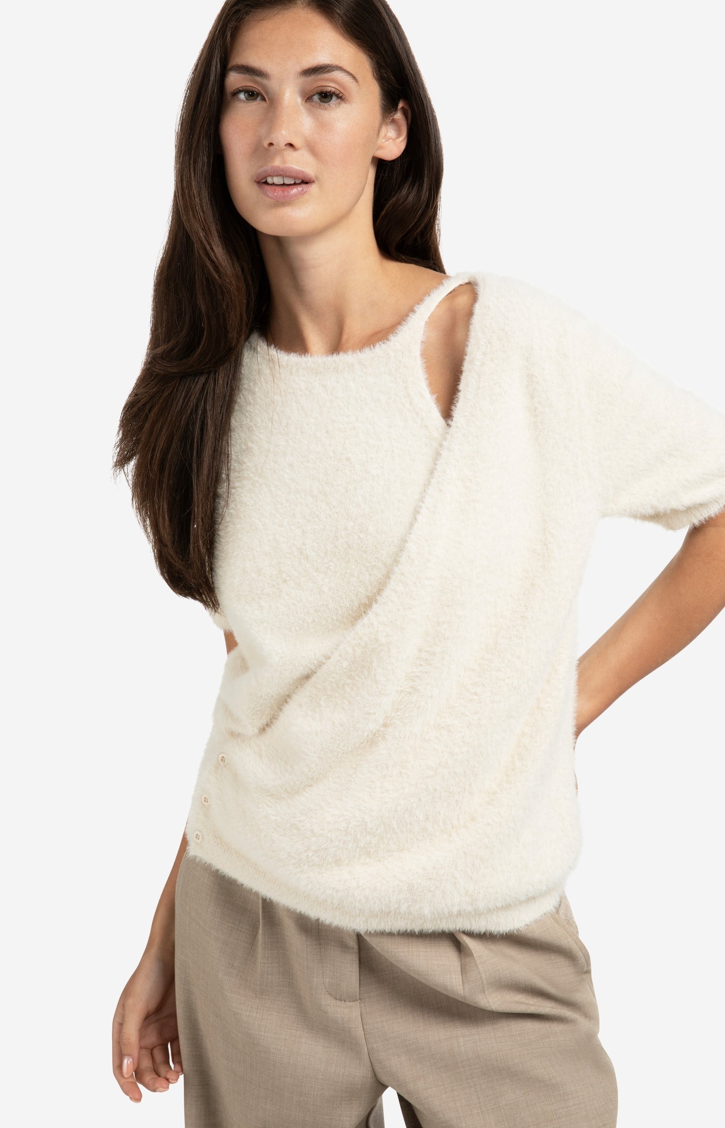 Fluffy short-sleeve sweater with wrap-over detail