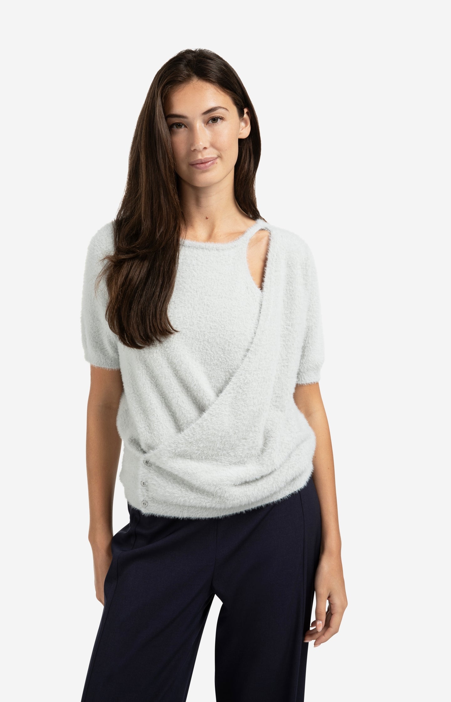 Fluffy short-sleeve sweater with wrap-over detail - Type: lookbook