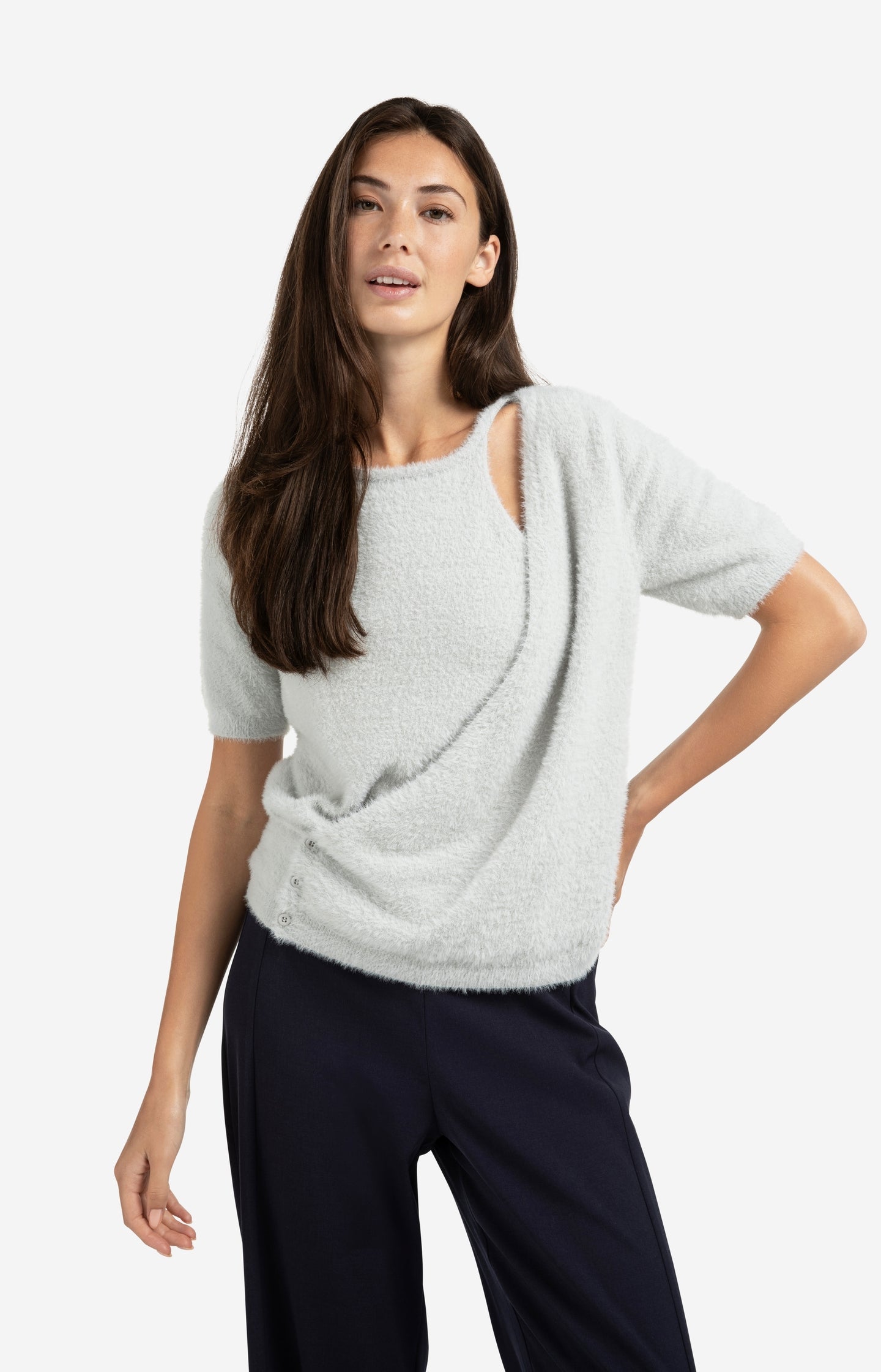 Fluffy short-sleeve sweater with wrap-over detail