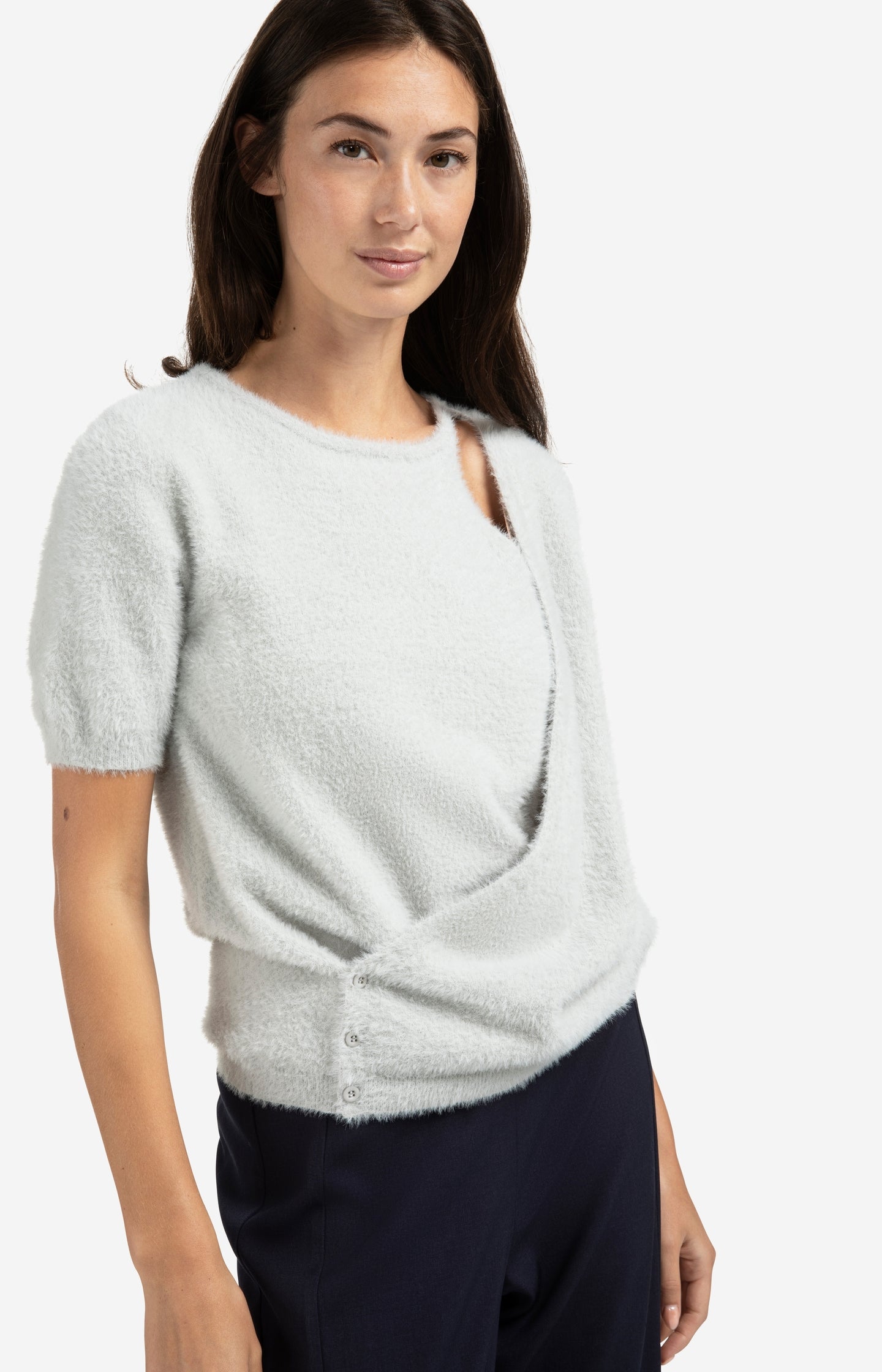Fluffy short-sleeve sweater with wrap-over detail