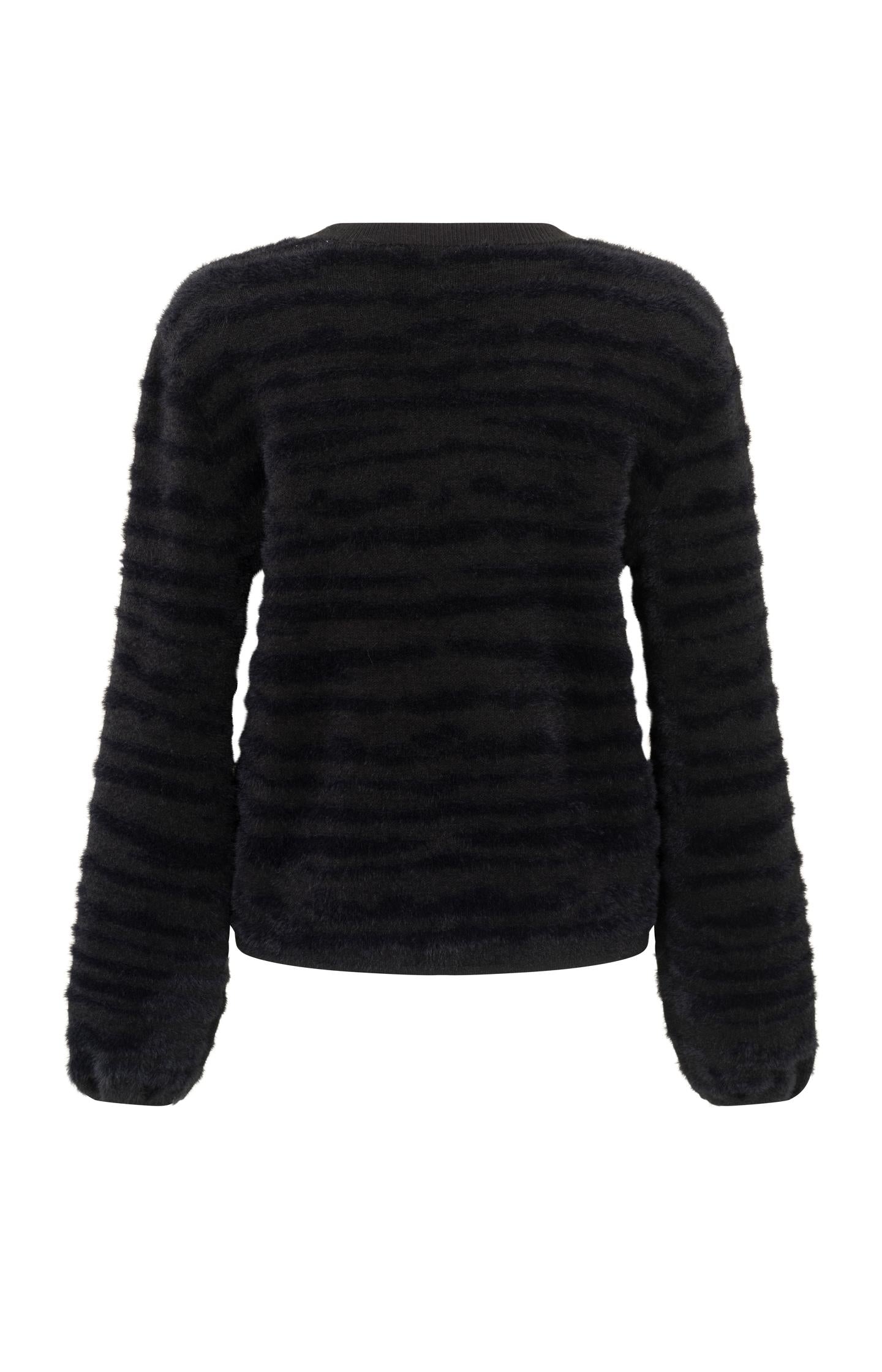 Fluffy sweater with round neckline and subtle stripes