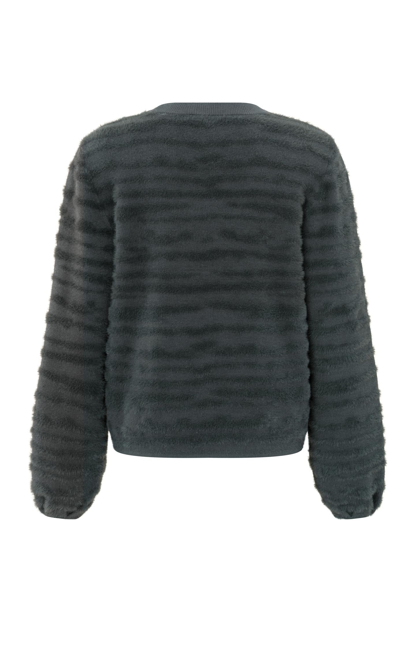 Fluffy sweater with round neckline and subtle stripes