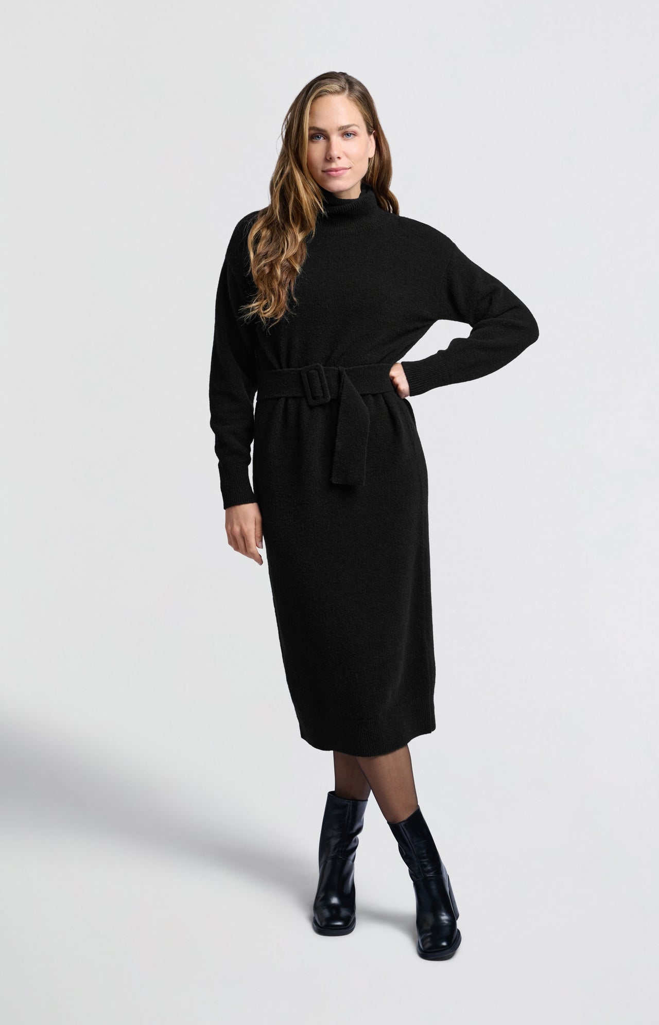 Knitted midi dress with turtleneck and waist belt - Type: lookbook