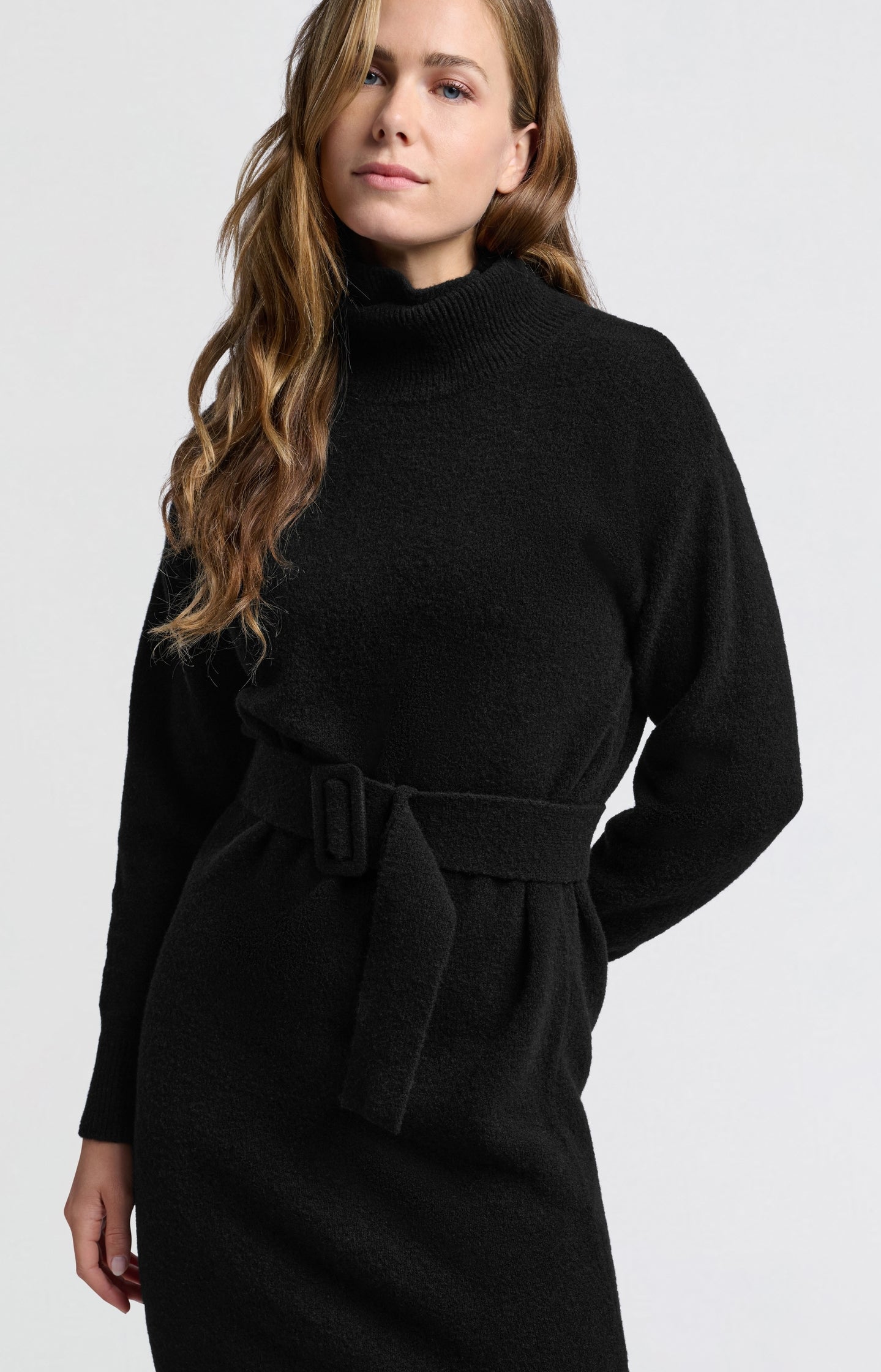 Knitted midi dress with turtleneck and waist belt