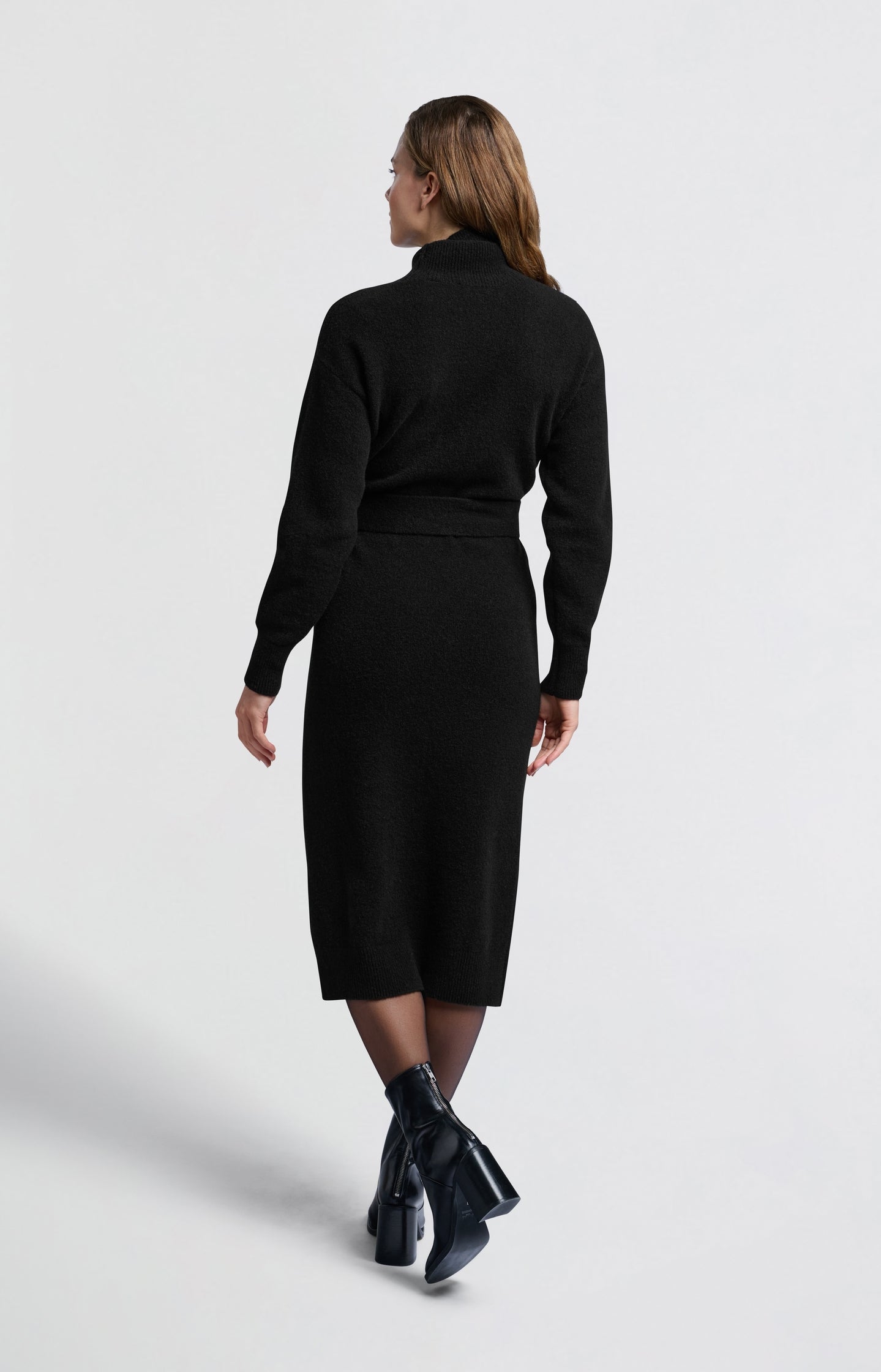 Knitted midi dress with turtleneck and waist belt