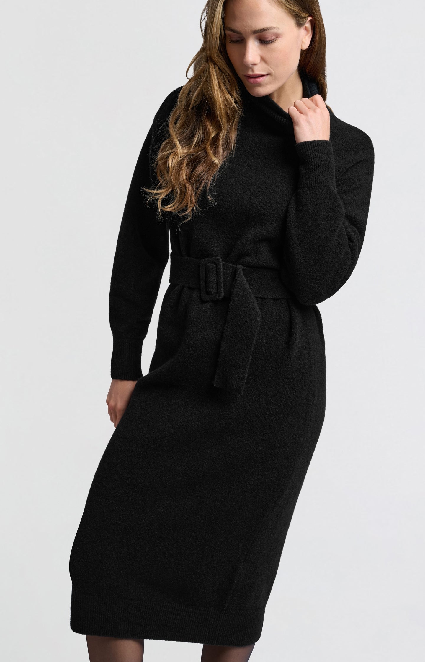 Knitted midi dress with turtleneck and waist belt