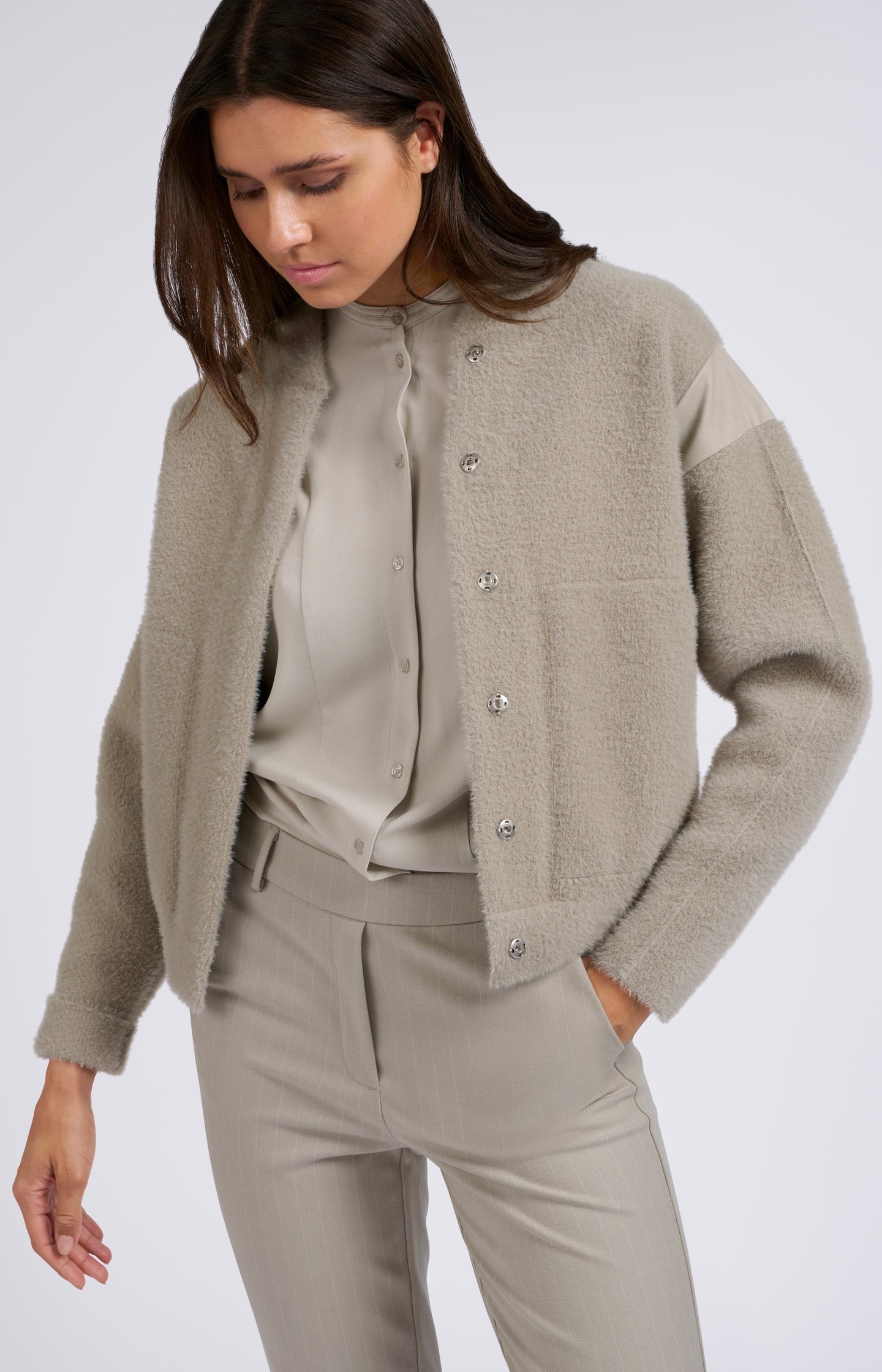 Gray knitted coat with high collar, long sleeves and pockets - Dove Gray - Type: lookbook