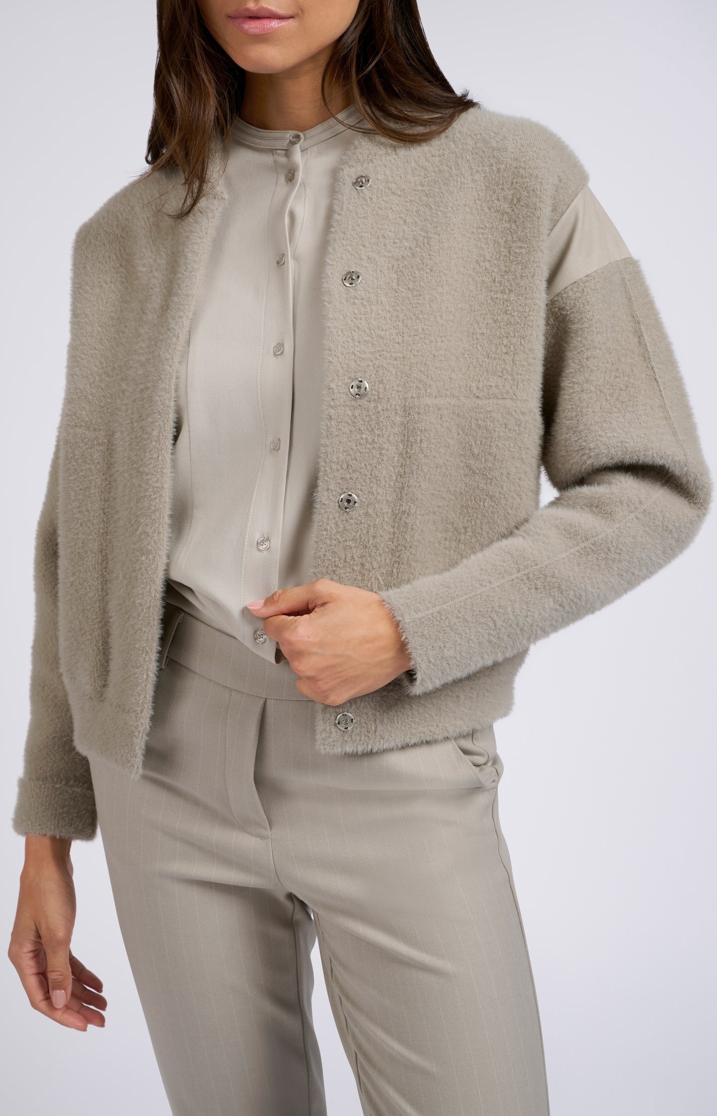 Gray knitted coat with high collar, long sleeves and pockets - Dove Gray