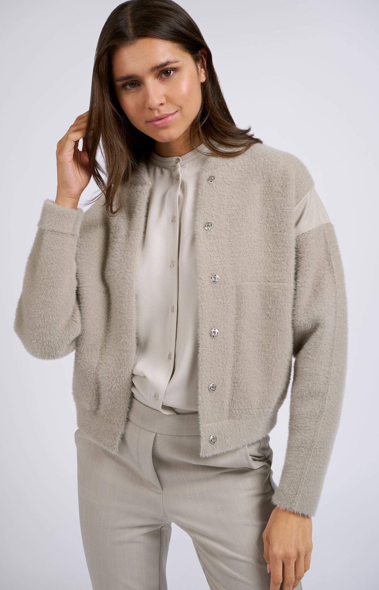 Gray knitted coat with high collar, long sleeves and pockets - Dove Gray