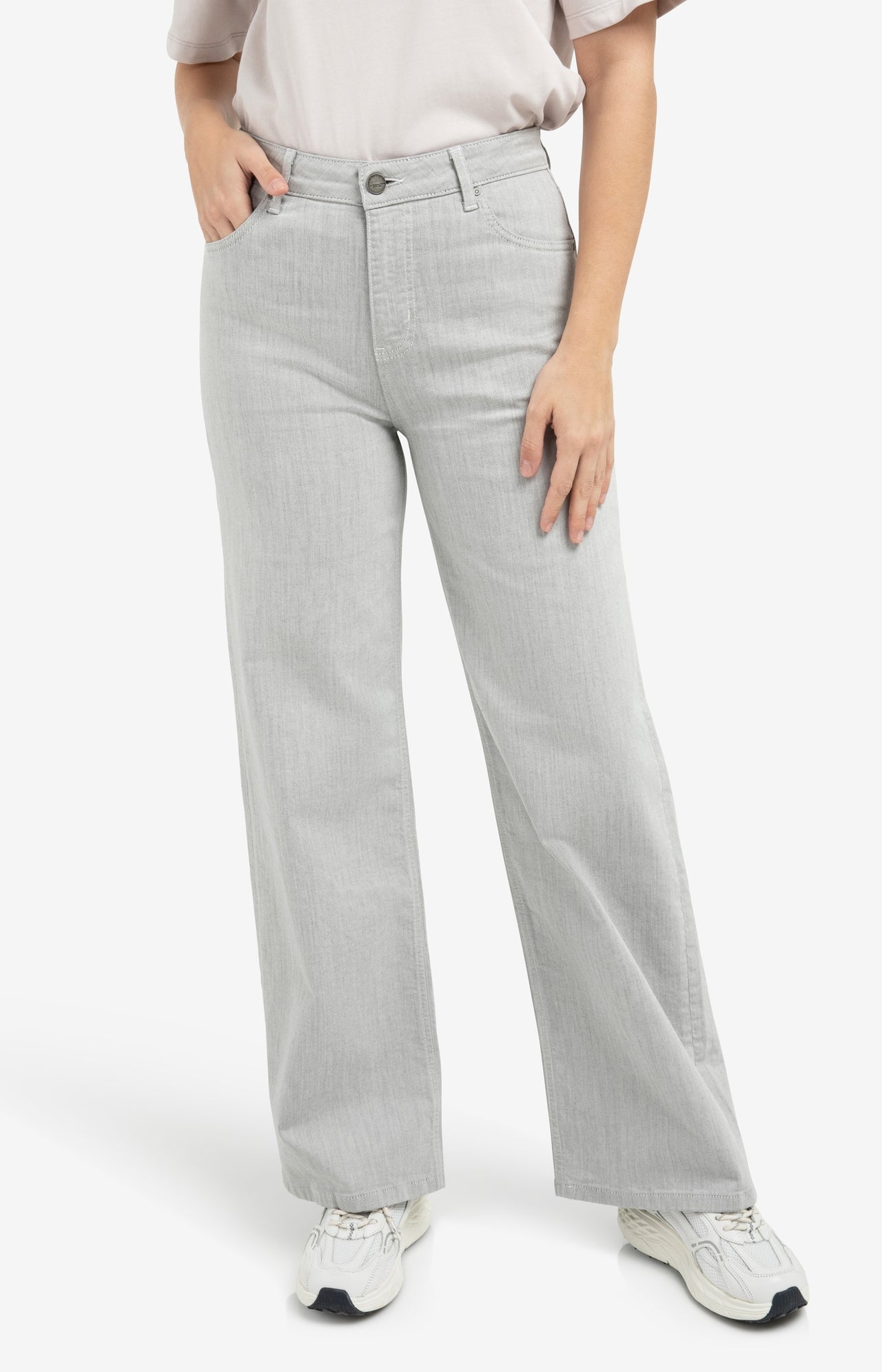 Grey denim trousers with high waist and straight legs