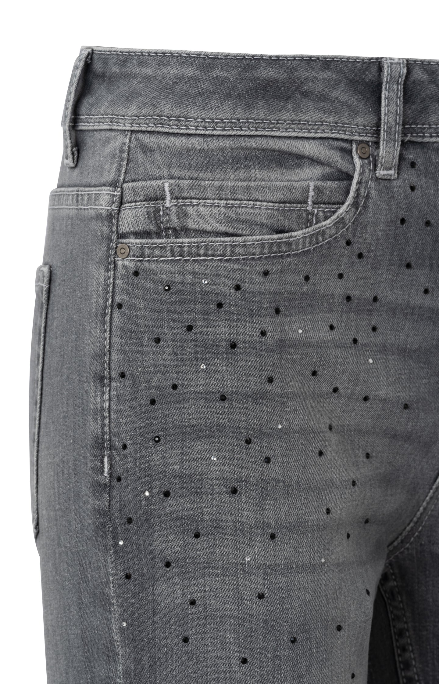 Grey flared denim jeans with rhinestones and high waist