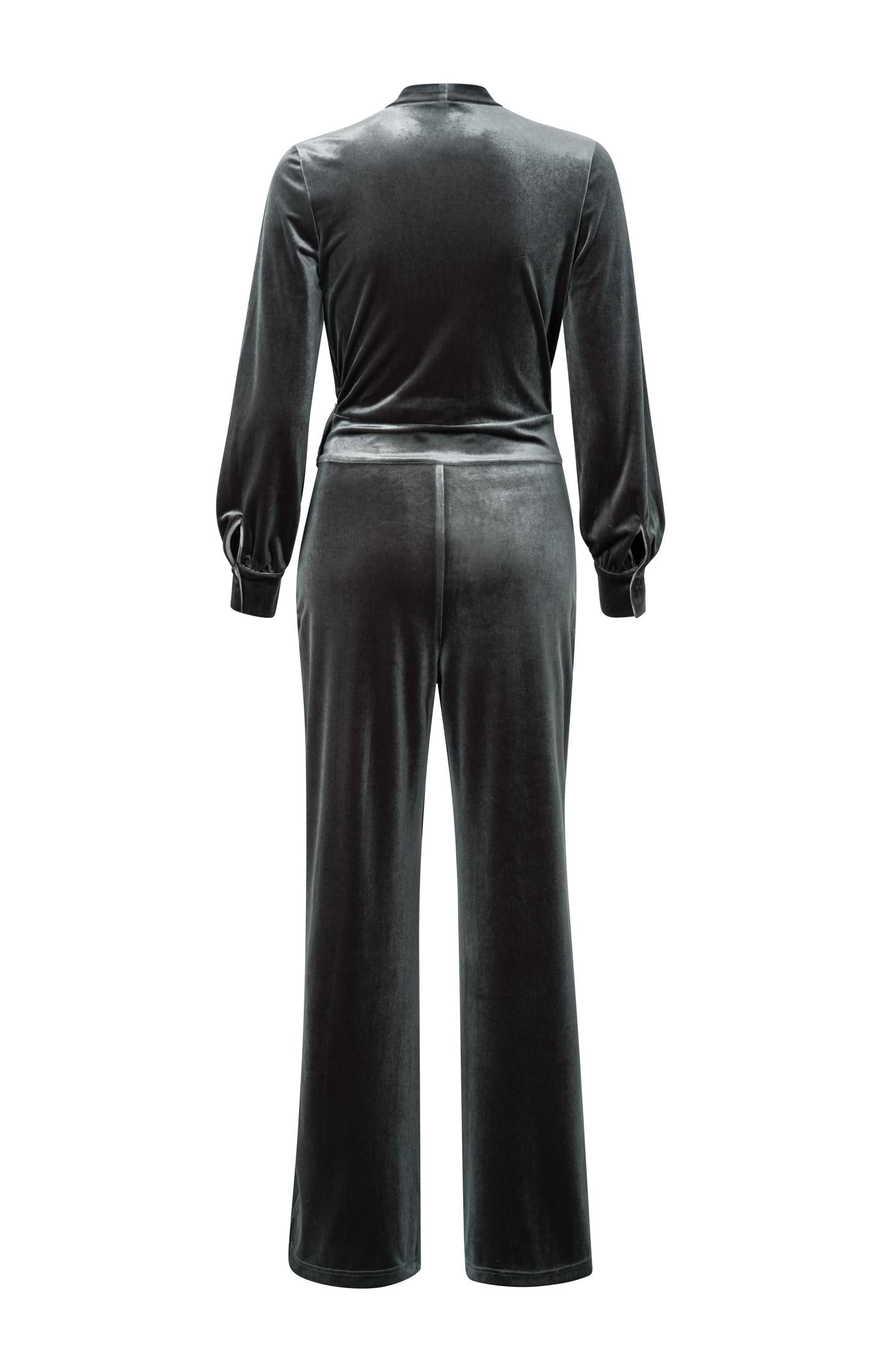 Grey velvet jumpsuit with long sleeves and tie belt