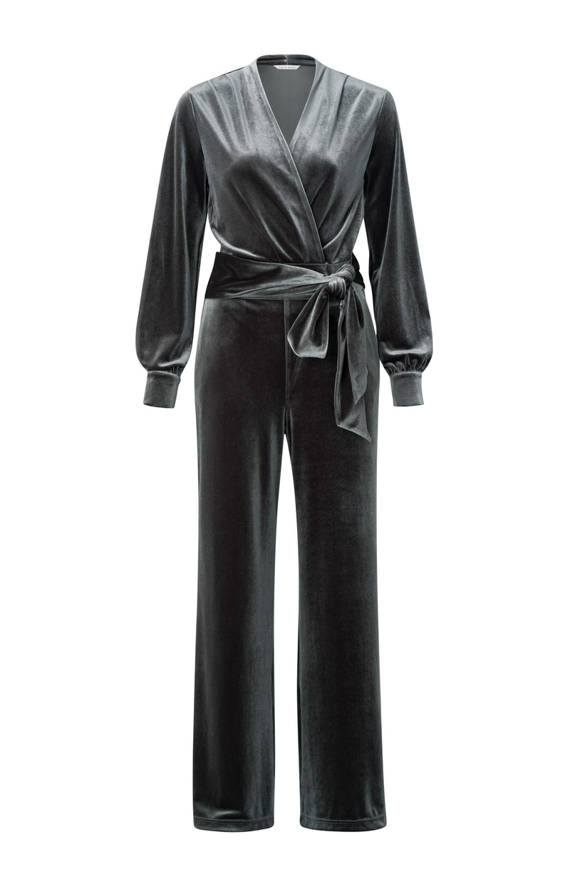 Grey velvet jumpsuit with long sleeves and tie belt - Type: product