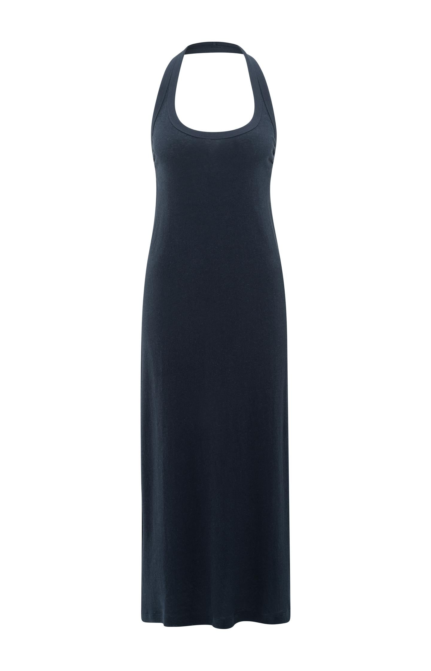 halter dress with open back Backless Maxi Thick jersey fabric with side seam slit Carmen Backless Maxi Dress |