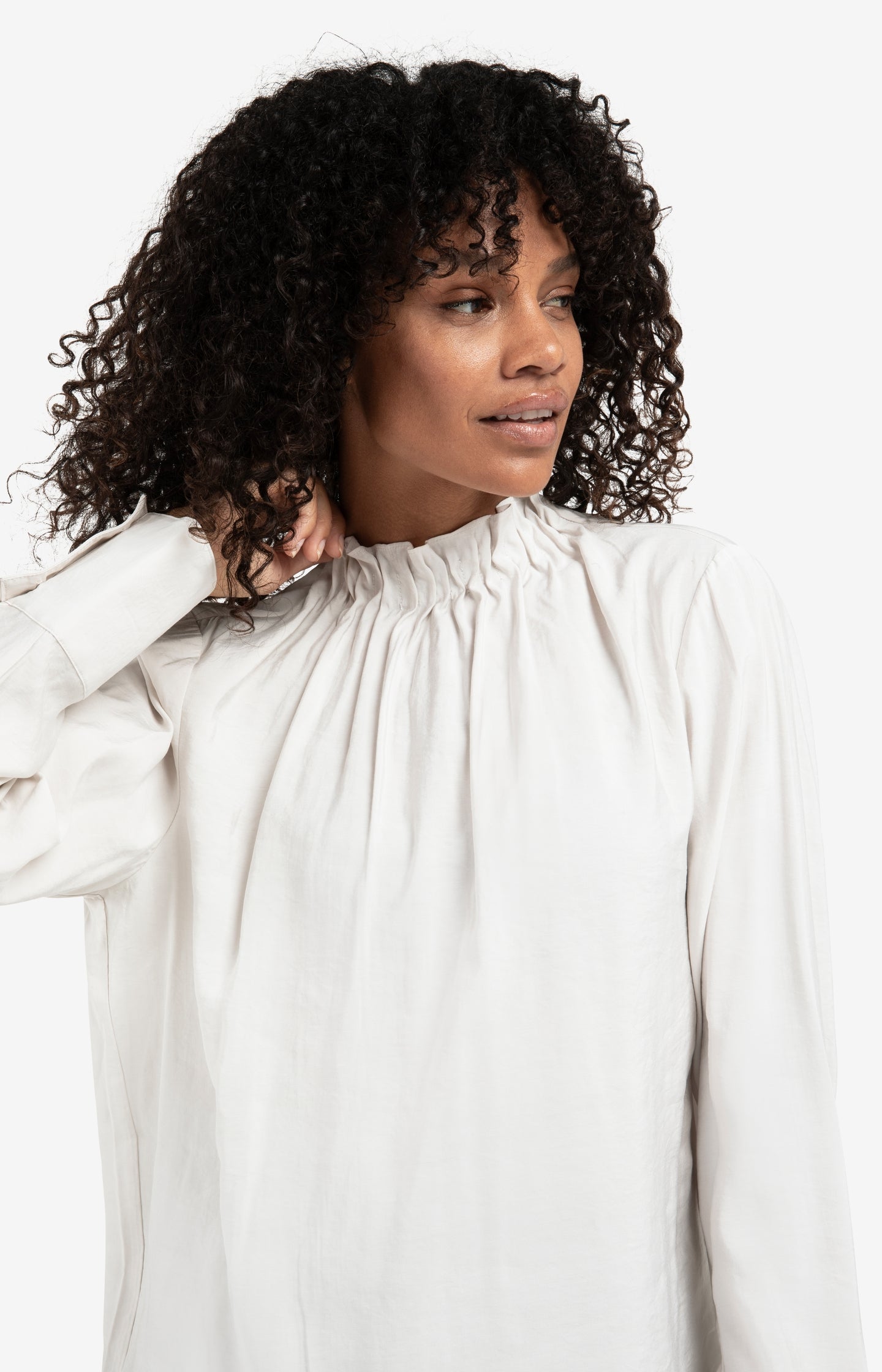High neck top with drawstring hem