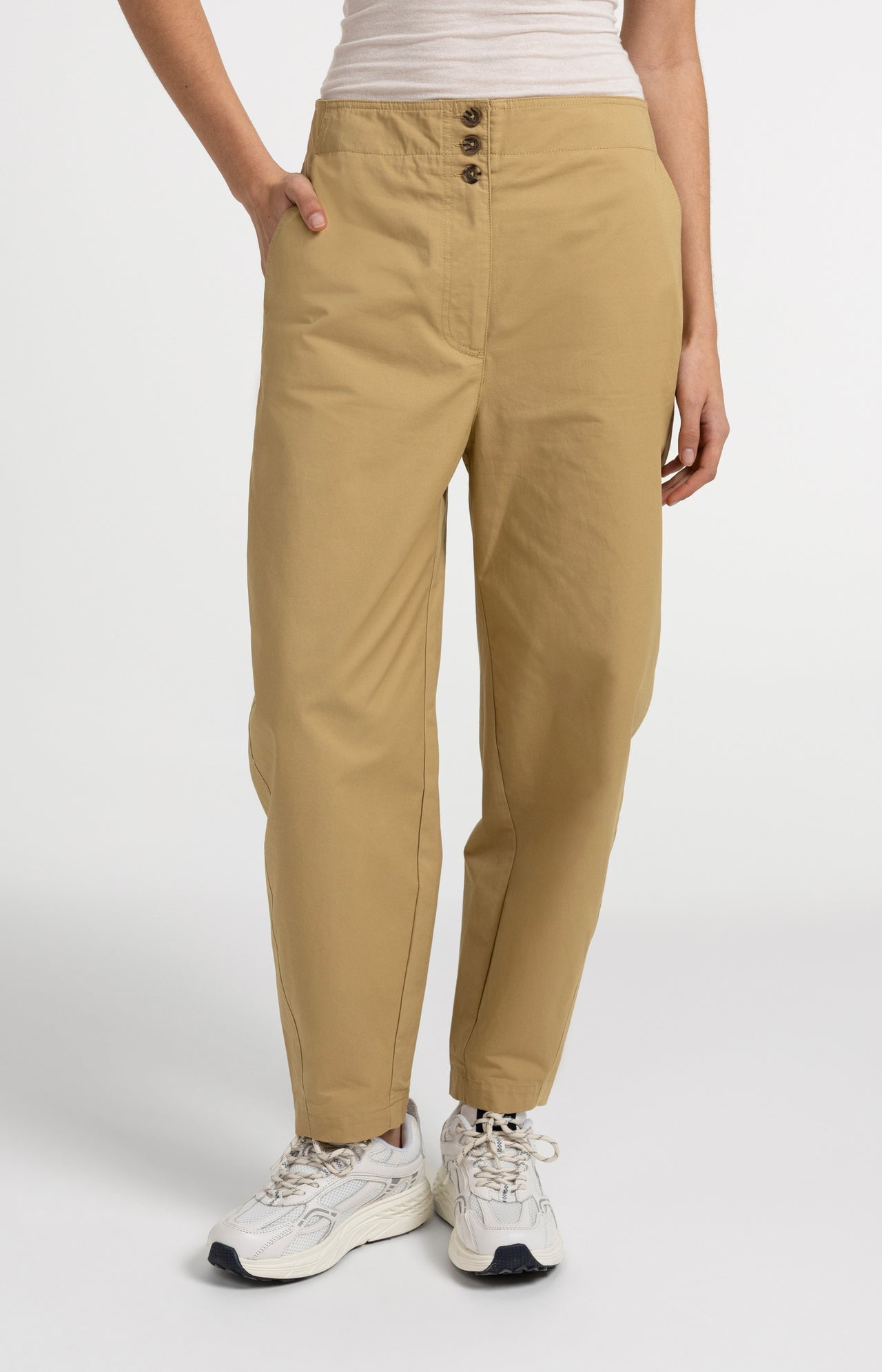 High-waist barrel-leg trousers with button detail