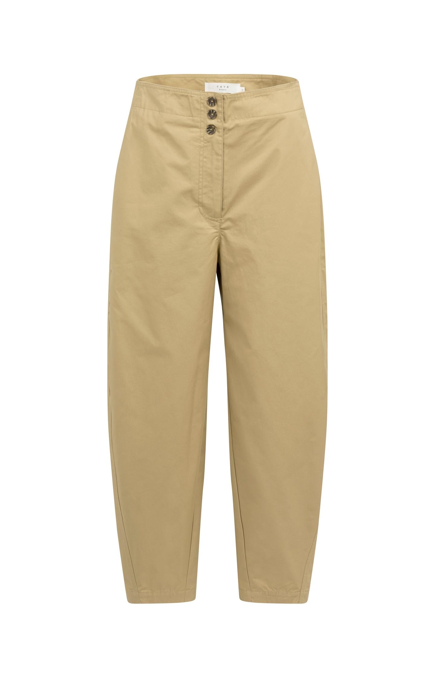 High-waist barrel-leg trousers with button detail