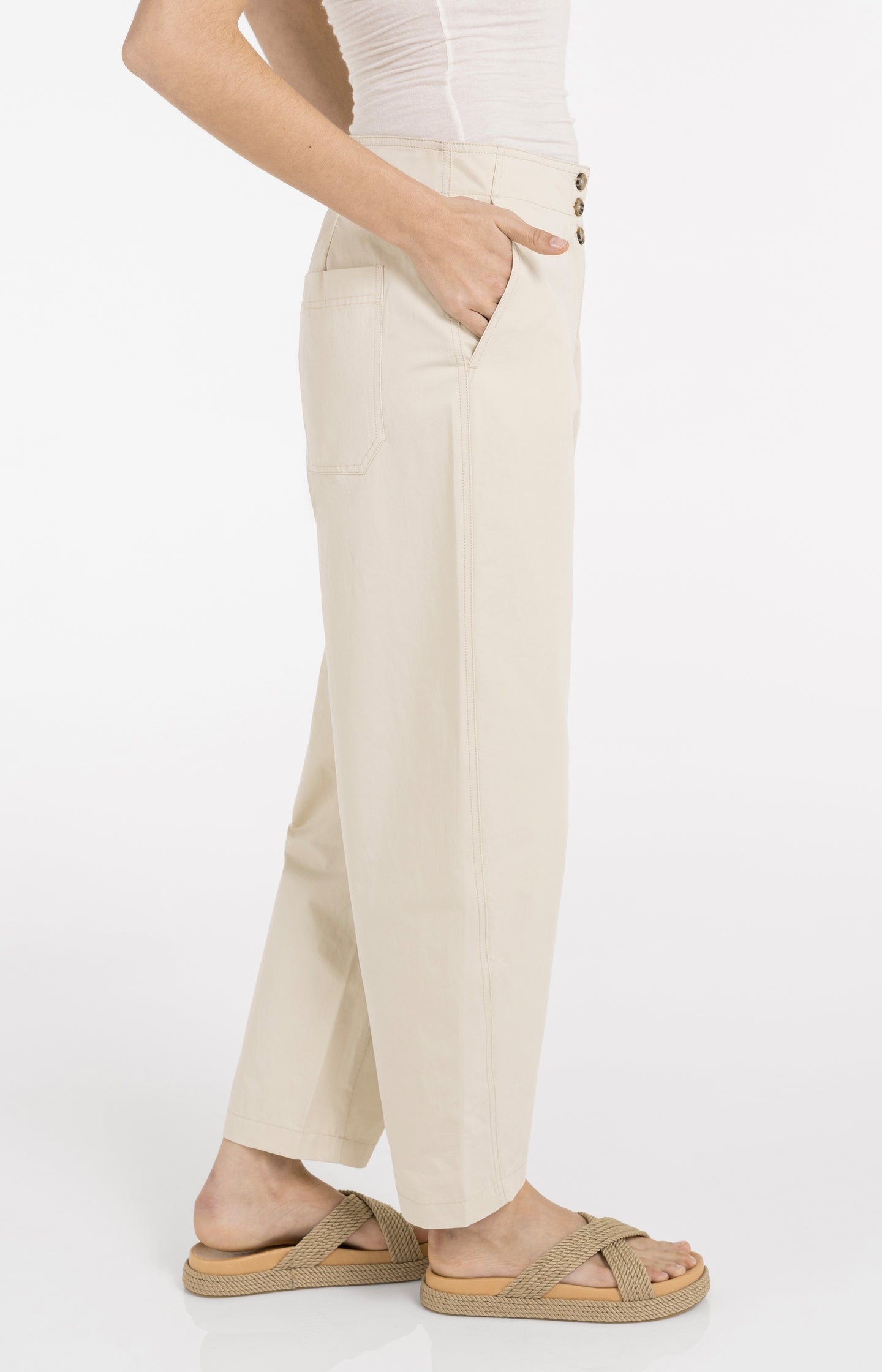 High waist barrel trousers with button detail
