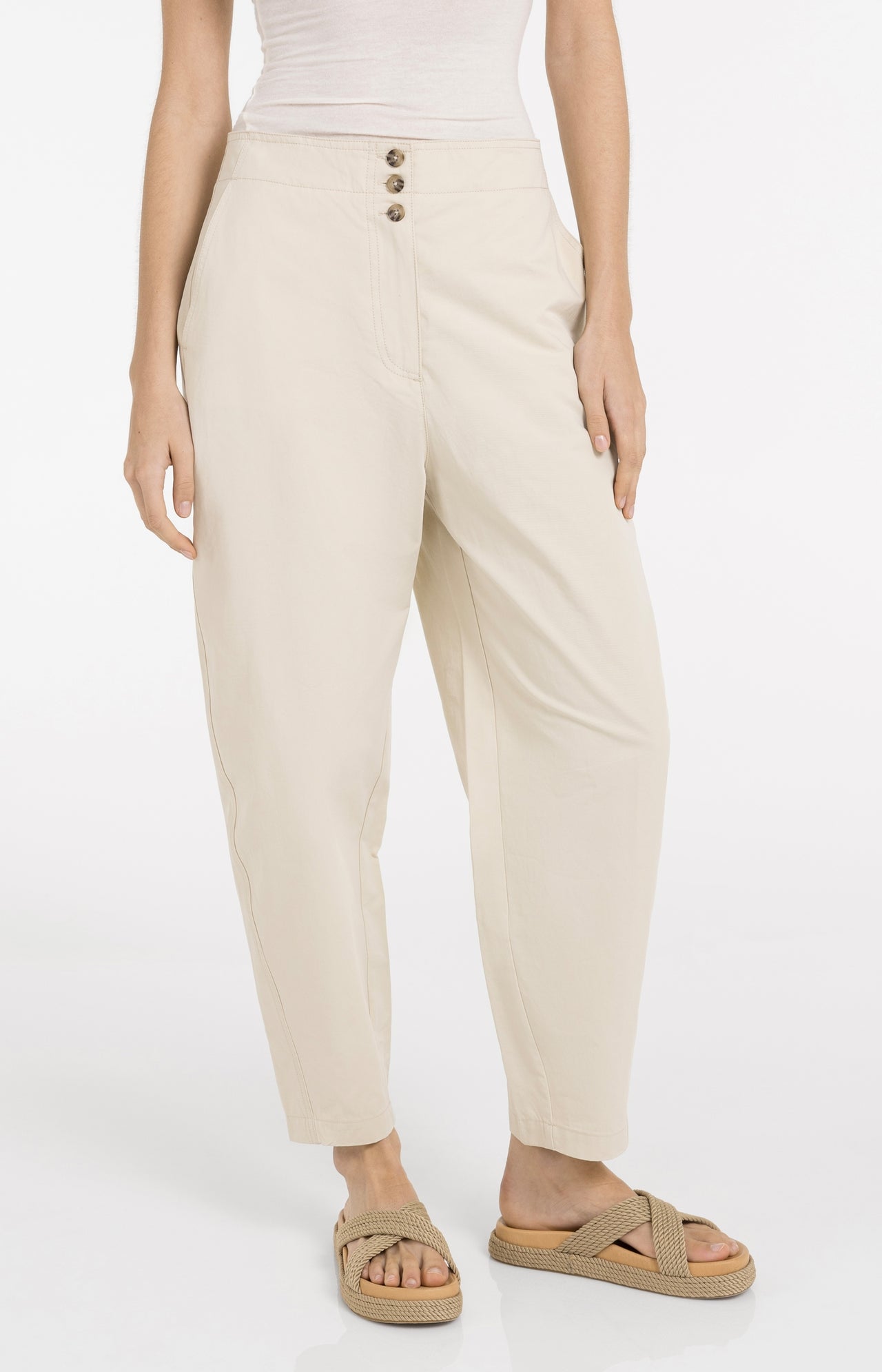 High waist barrel trousers with button detail