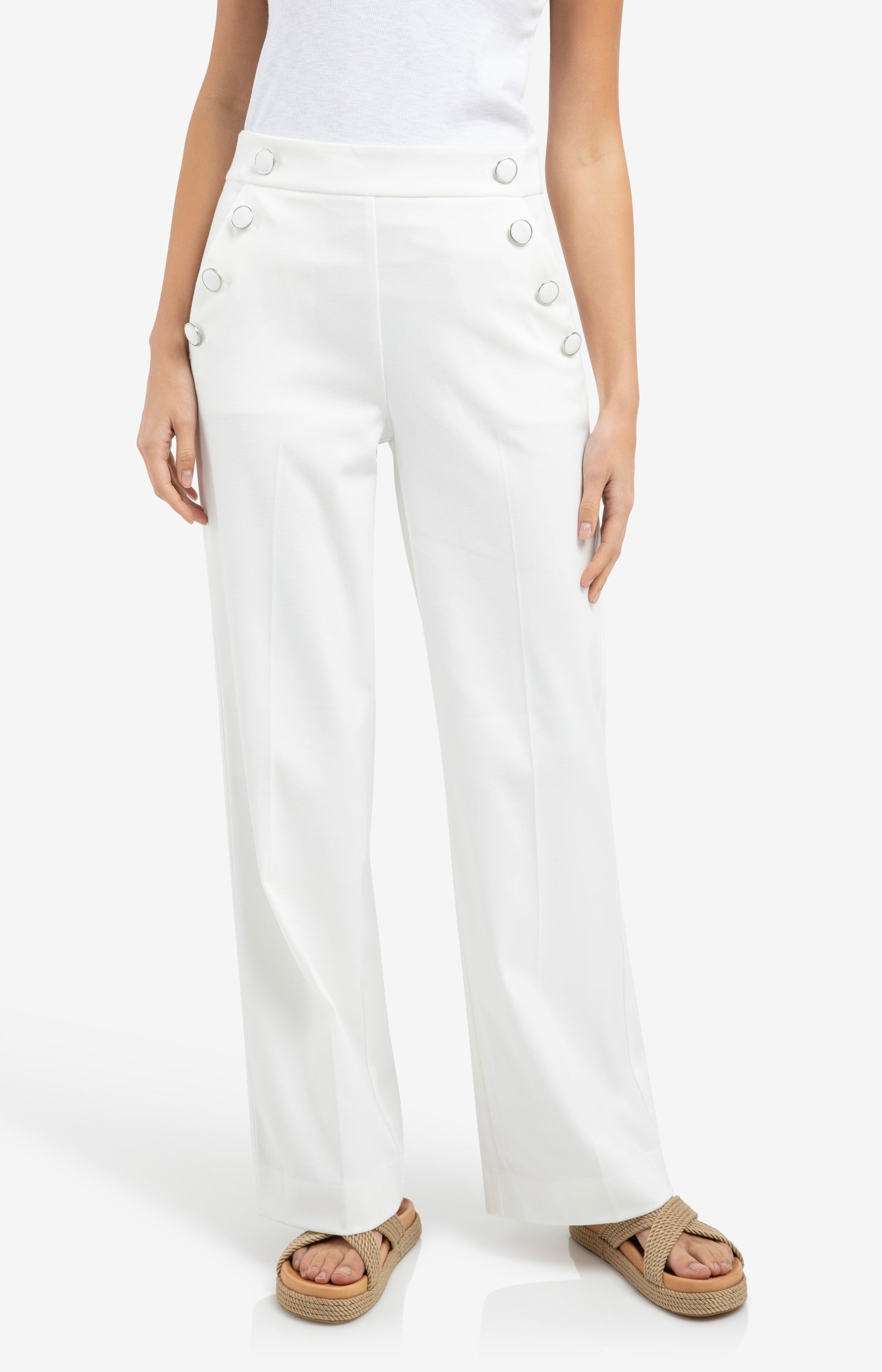 ayaページ Hoge taille broek met sierknopen en wijde pijpen - Gebroken wit
