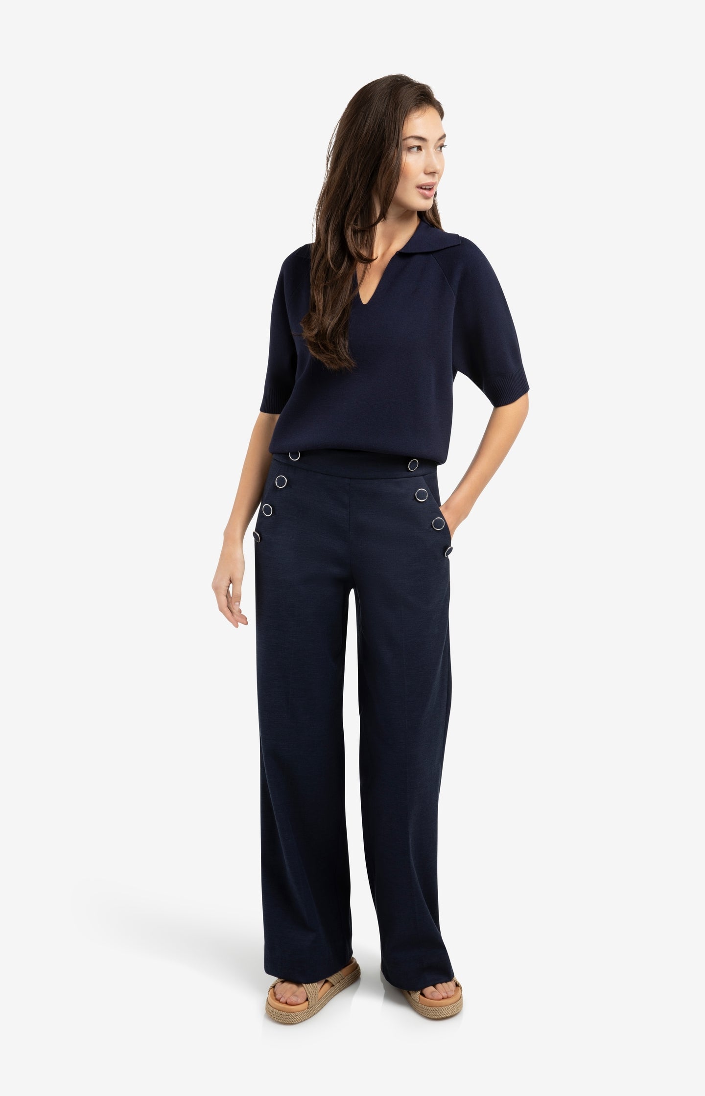 High waist trousers with decorative buttons and wide legs - Type: lookbook