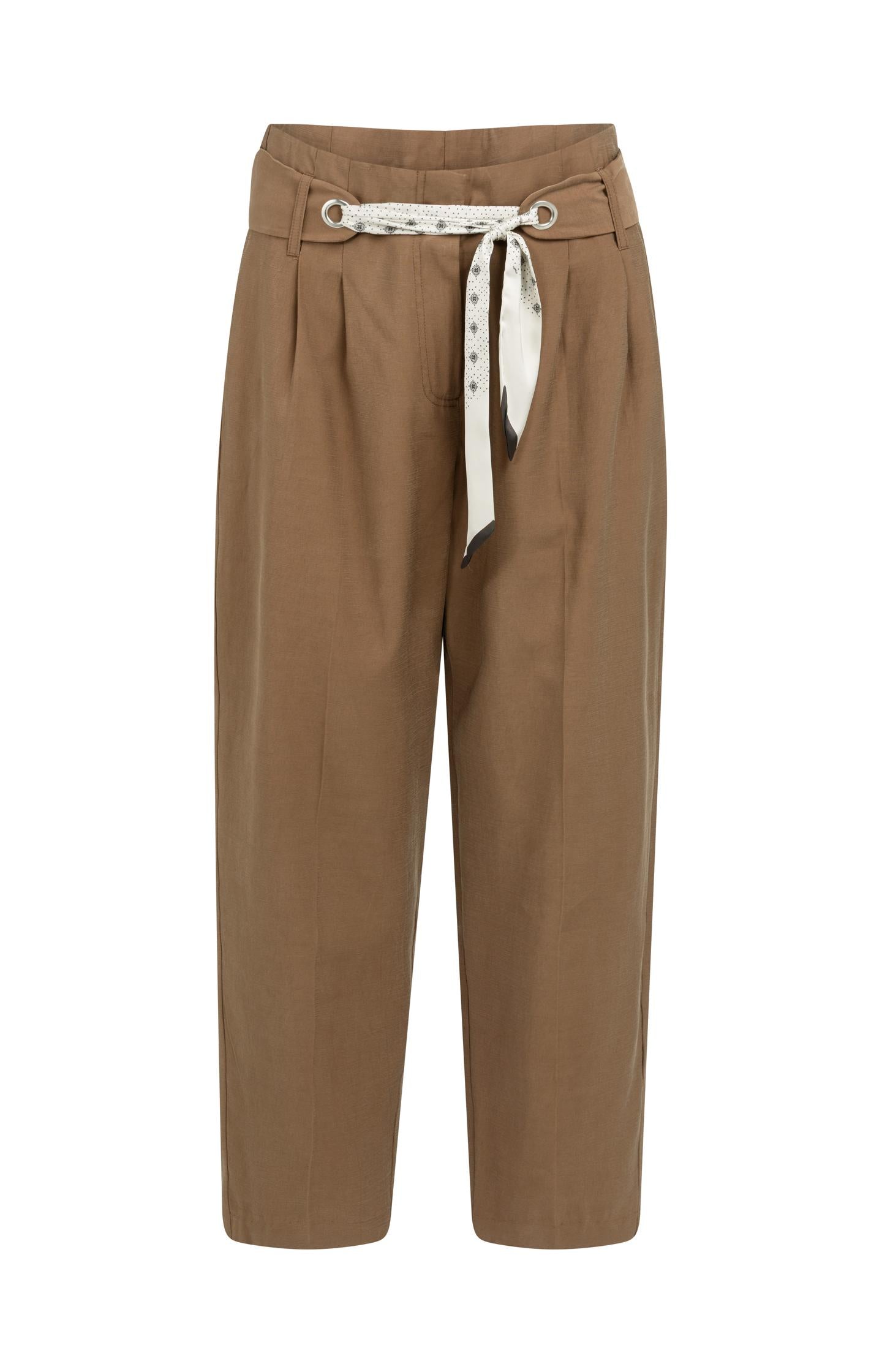 Pantalon taille haute, coupe droite avec ceinture foulard