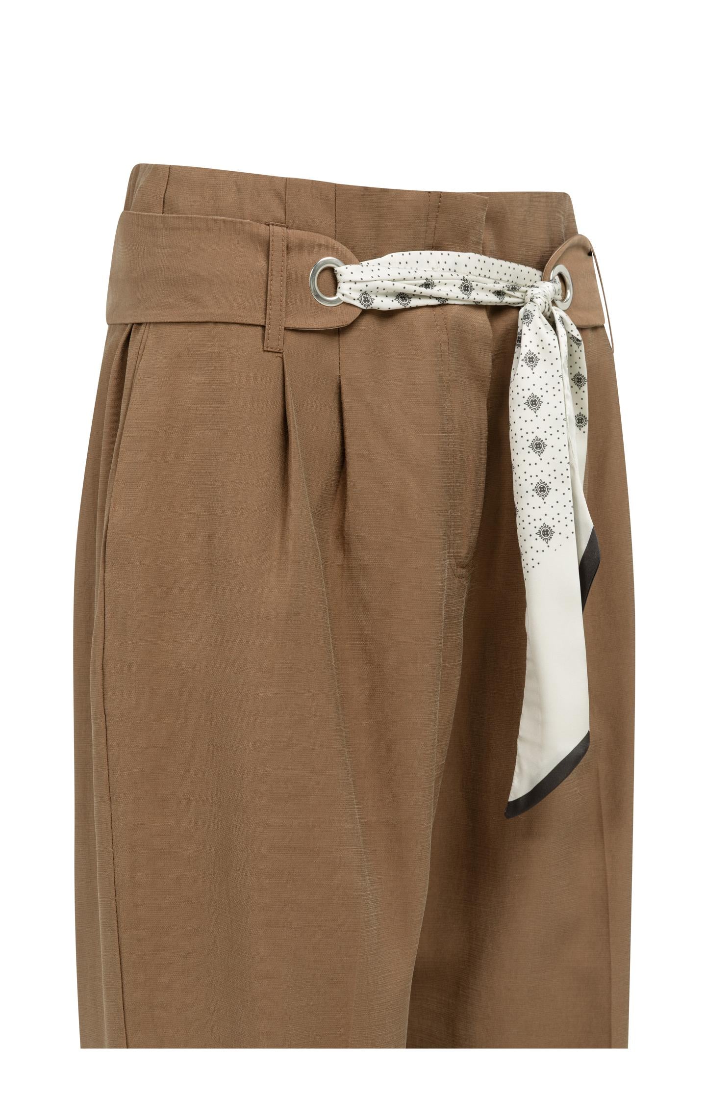 High-waist trousers with straight legs and scarf belt