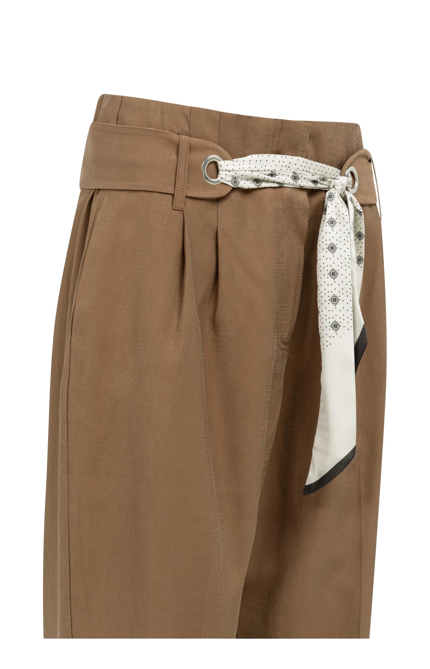 High-waist trousers with straight legs and scarf belt