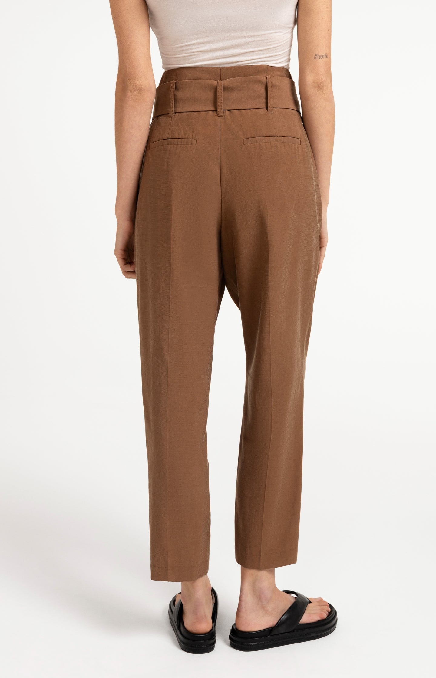 High-waist trousers with straight legs and scarf belt