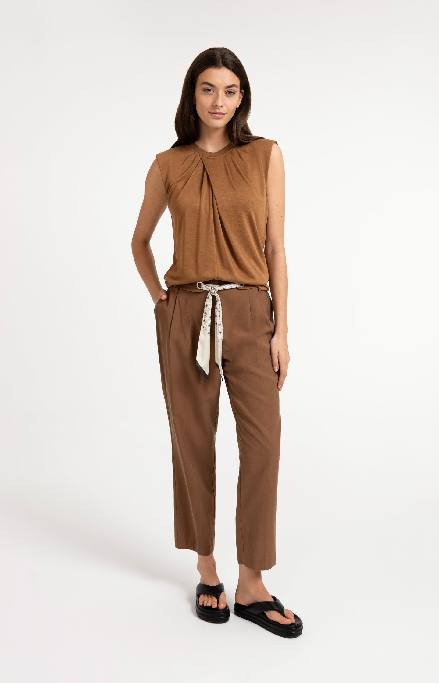 High-waist trousers with straight legs and scarf belt
