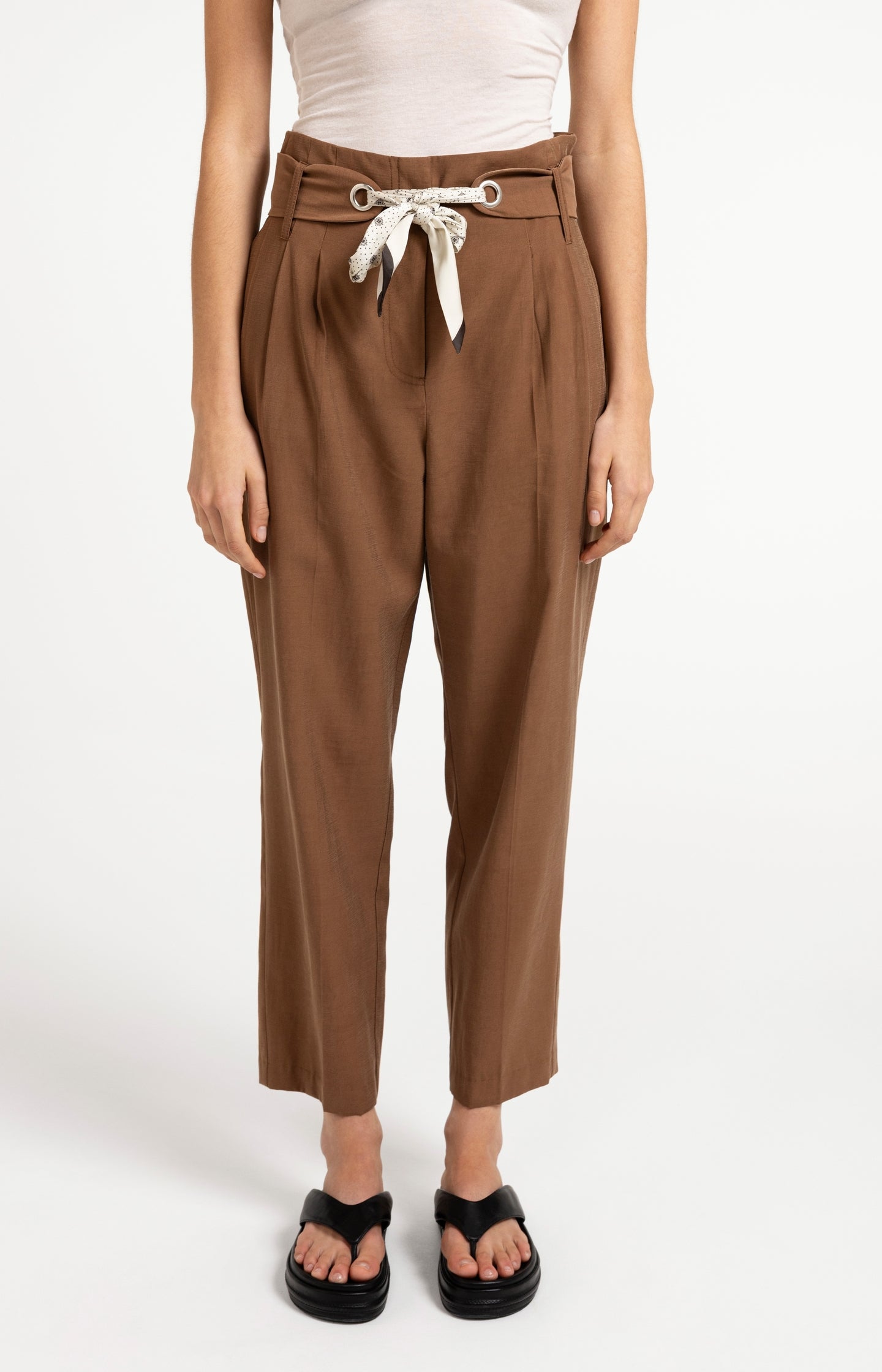 High-waist trousers with straight legs and scarf belt