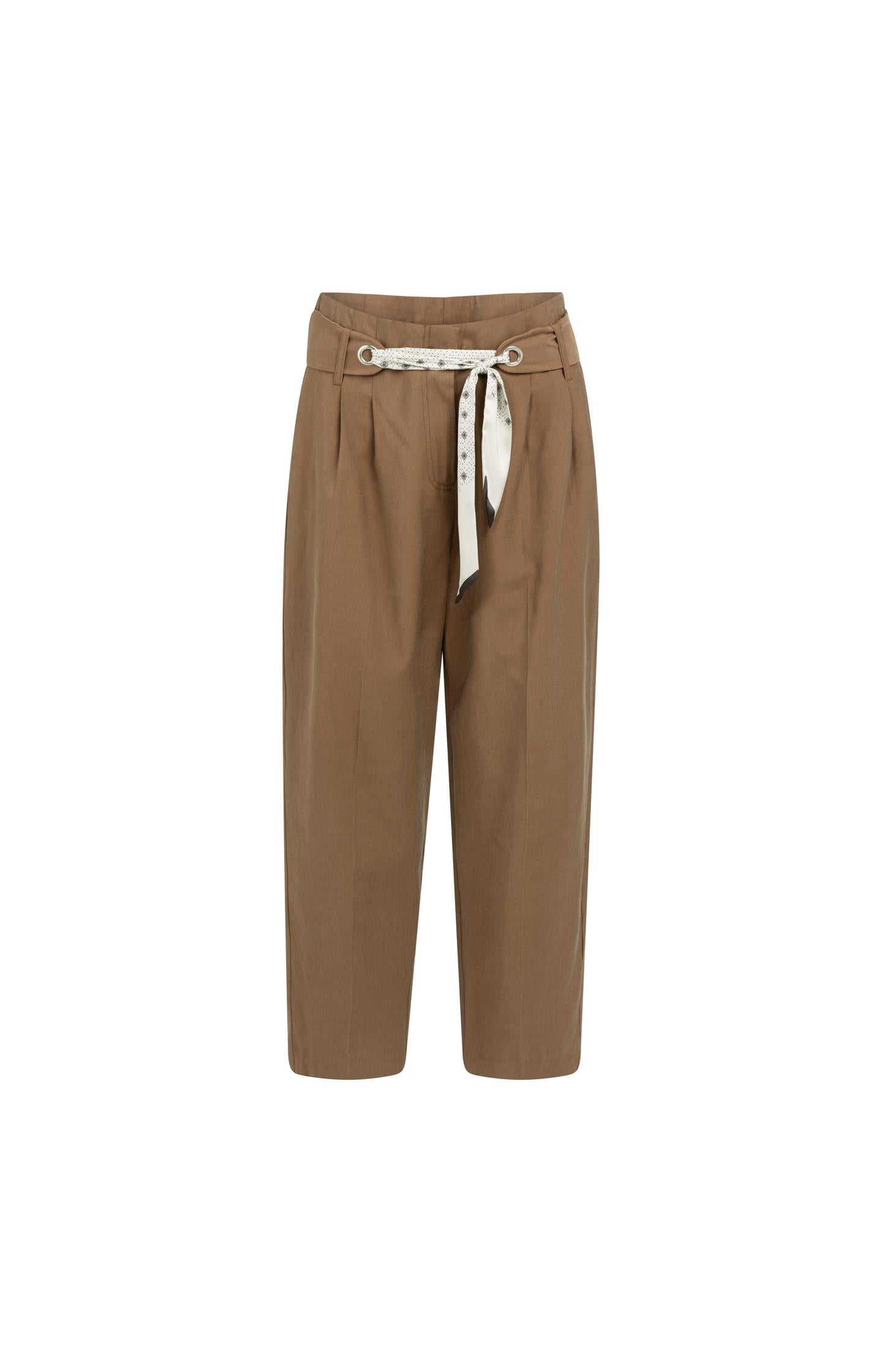 High-waist trousers with straight legs and scarf belt