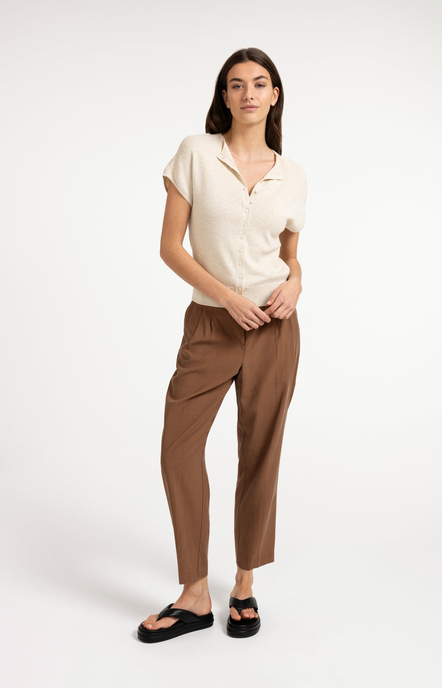 High-waist trousers with straight legs and scarf belt