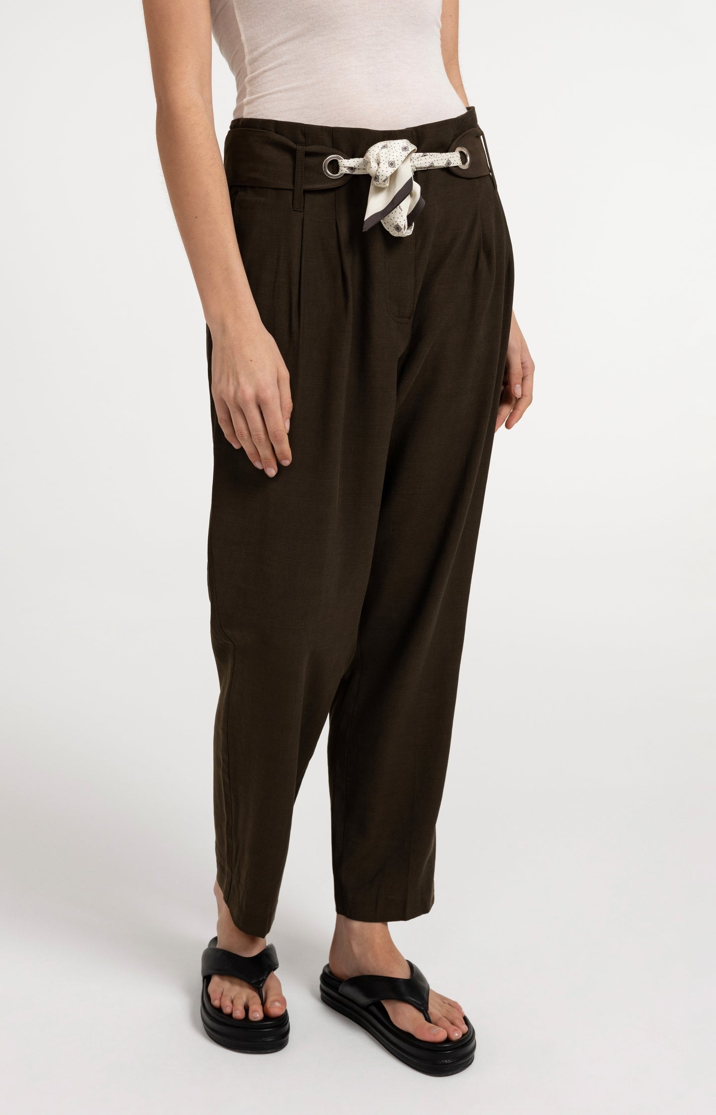 High-waist trousers with straight legs and scarf belt