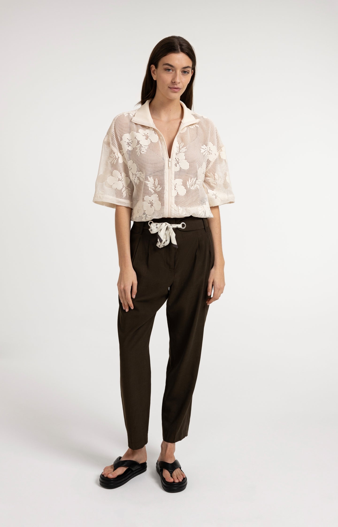 High-waist trousers with straight legs and scarf belt