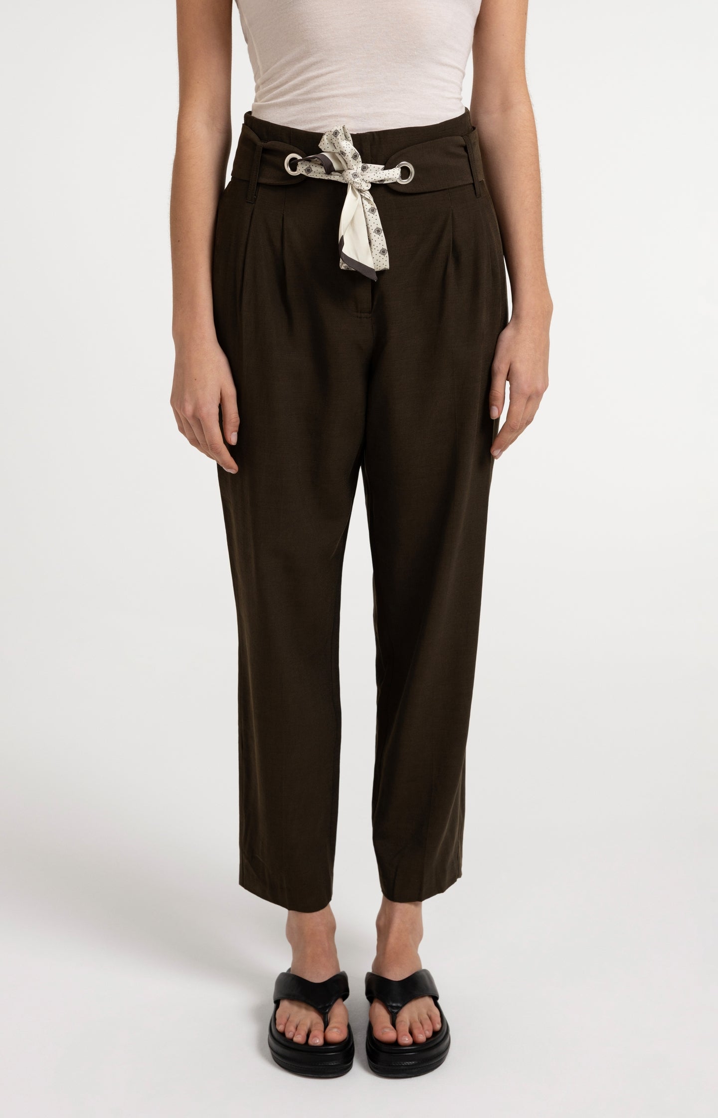 High-waist trousers with straight legs and scarf belt