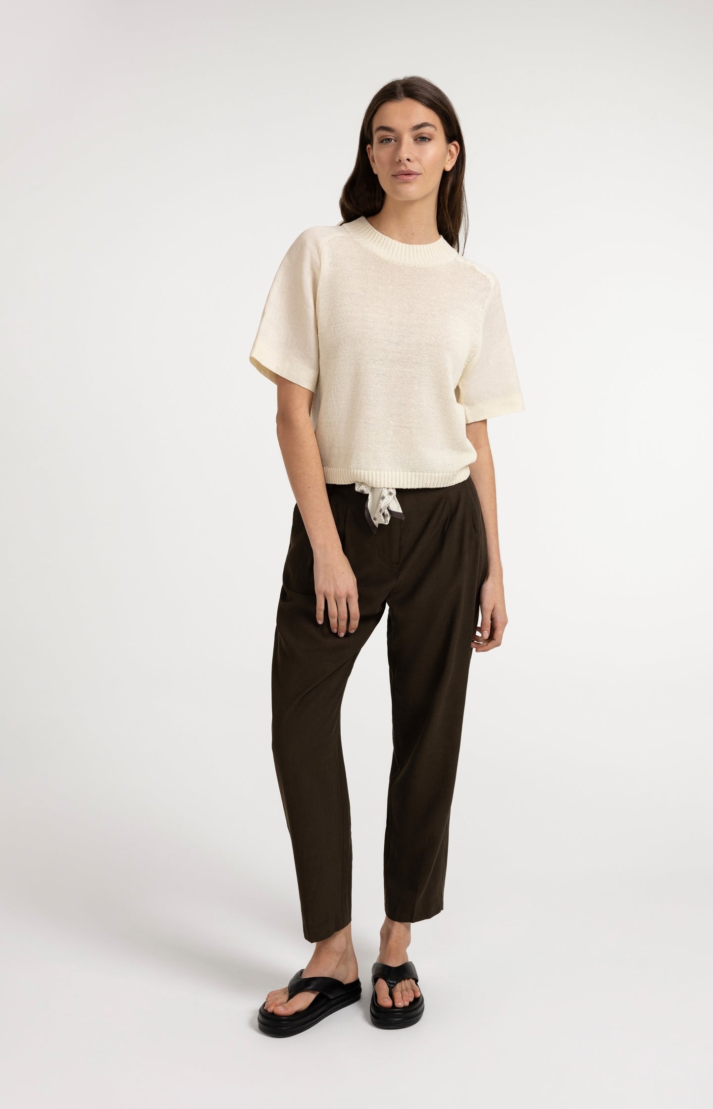 High-waist trousers with straight legs and scarf belt