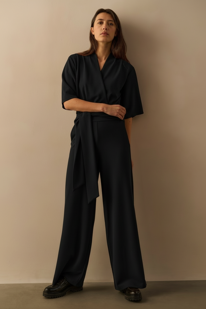 Jersey jumpsuit met korte mouwen en strikceintuur