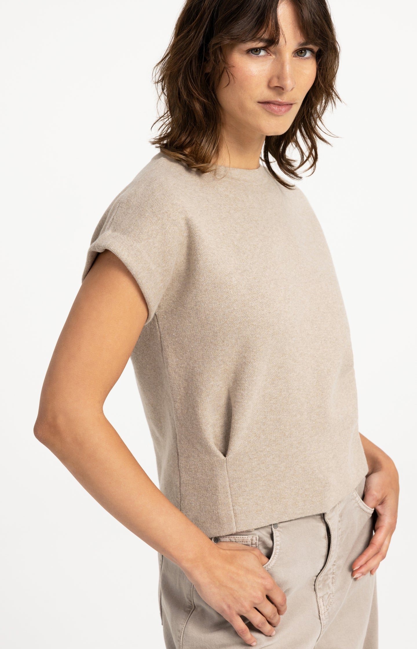 Jacquard knit top with cap sleeves