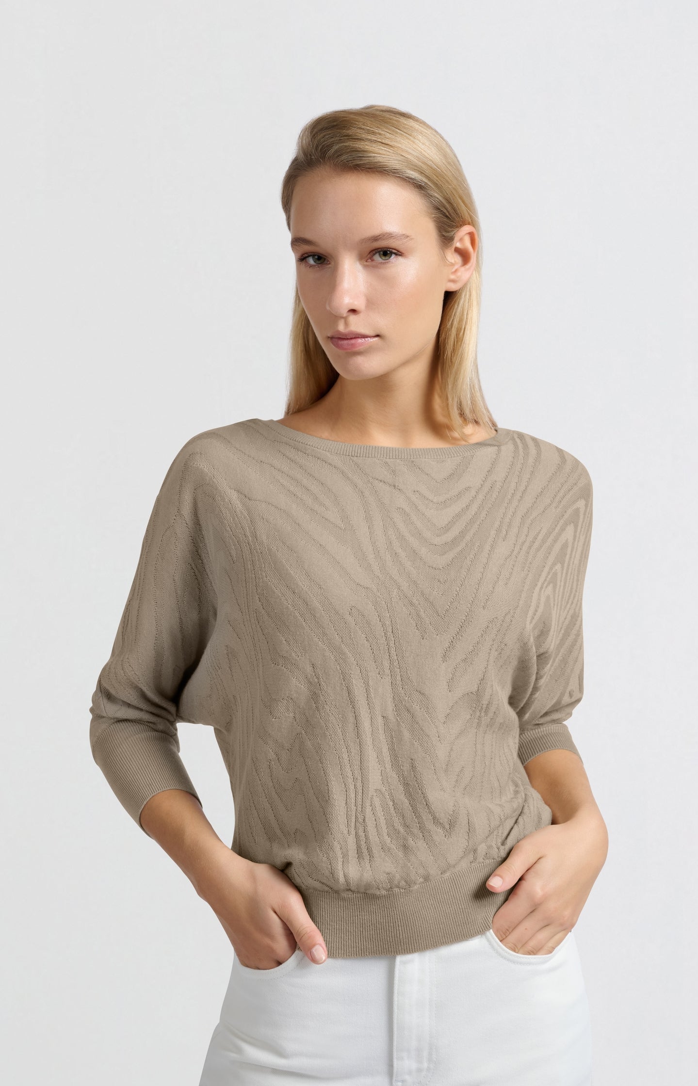 Jacquard sweater with boatneck and three-quarter sleeves