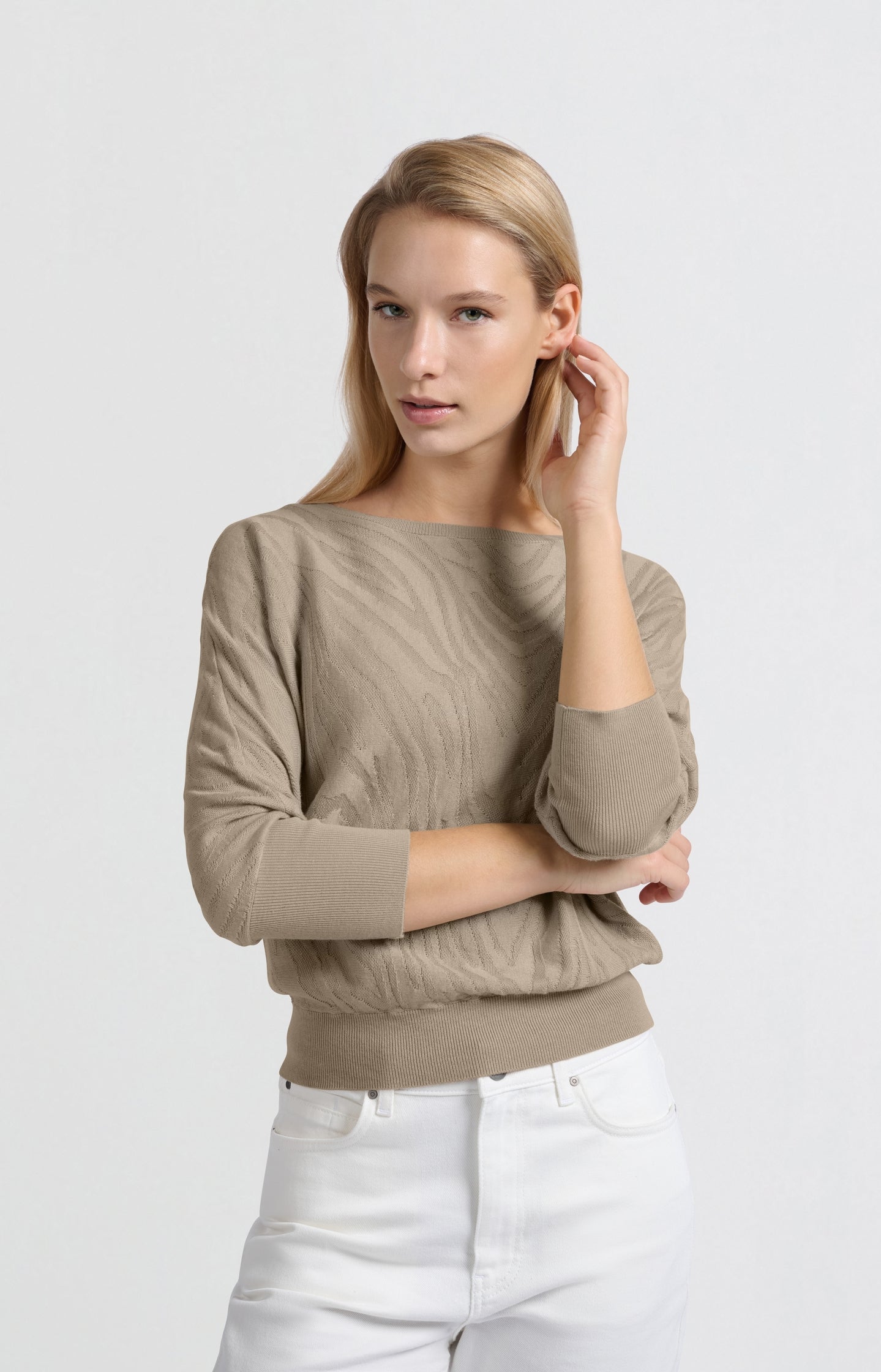 Jacquard sweater with boatneck and three-quarter sleeves