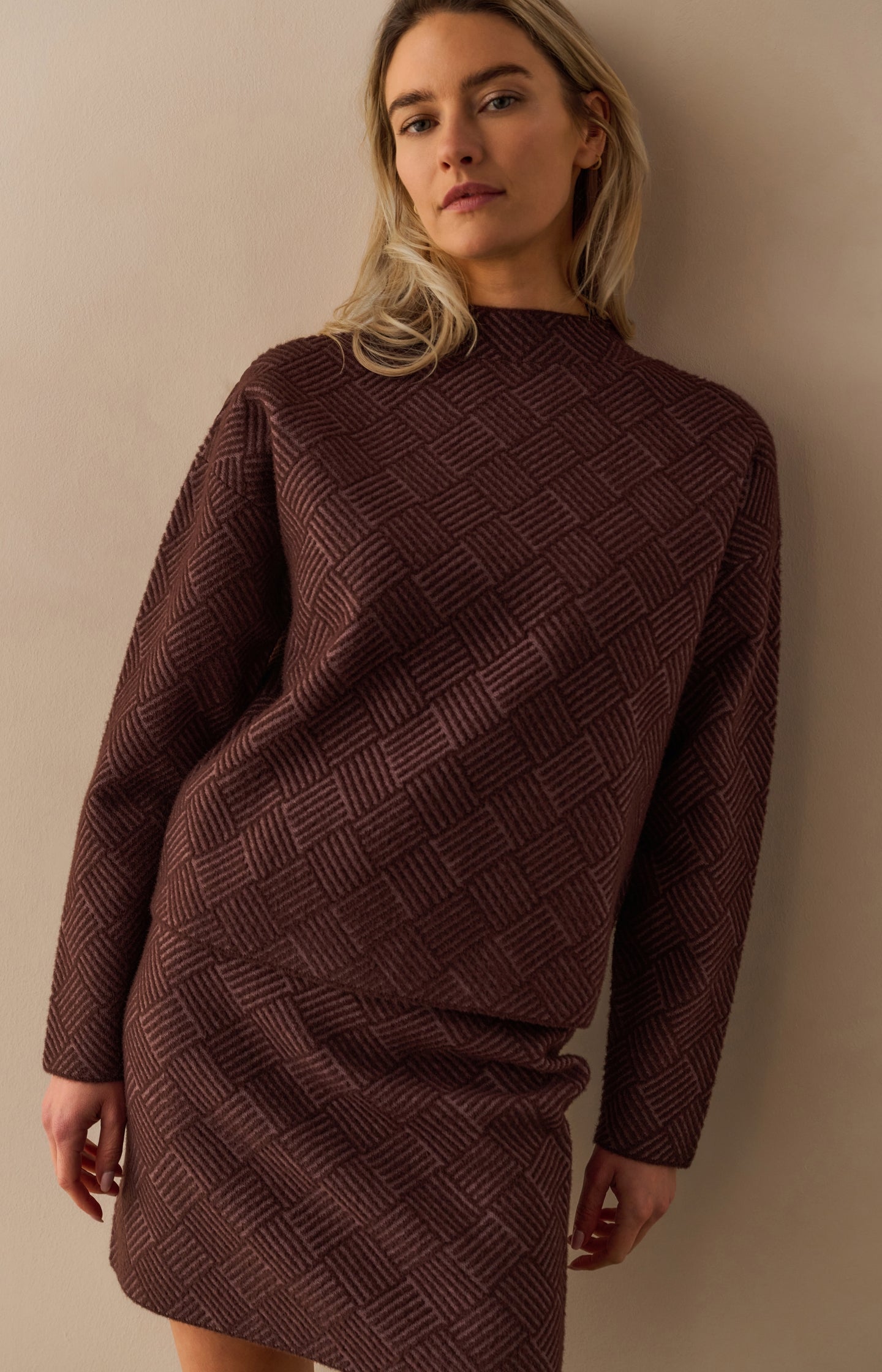 Jacquard sweater with long sleeves and stand-up collar