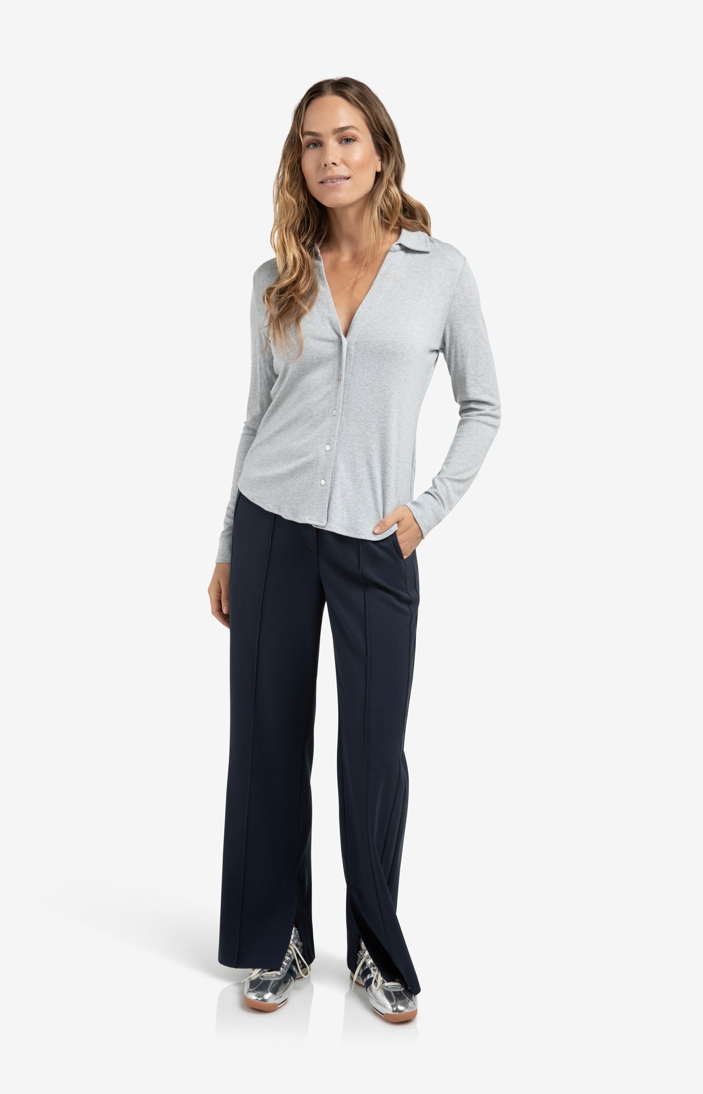 Jersey blouse in melange fabric with V-neck and buttons - Type: lookbook