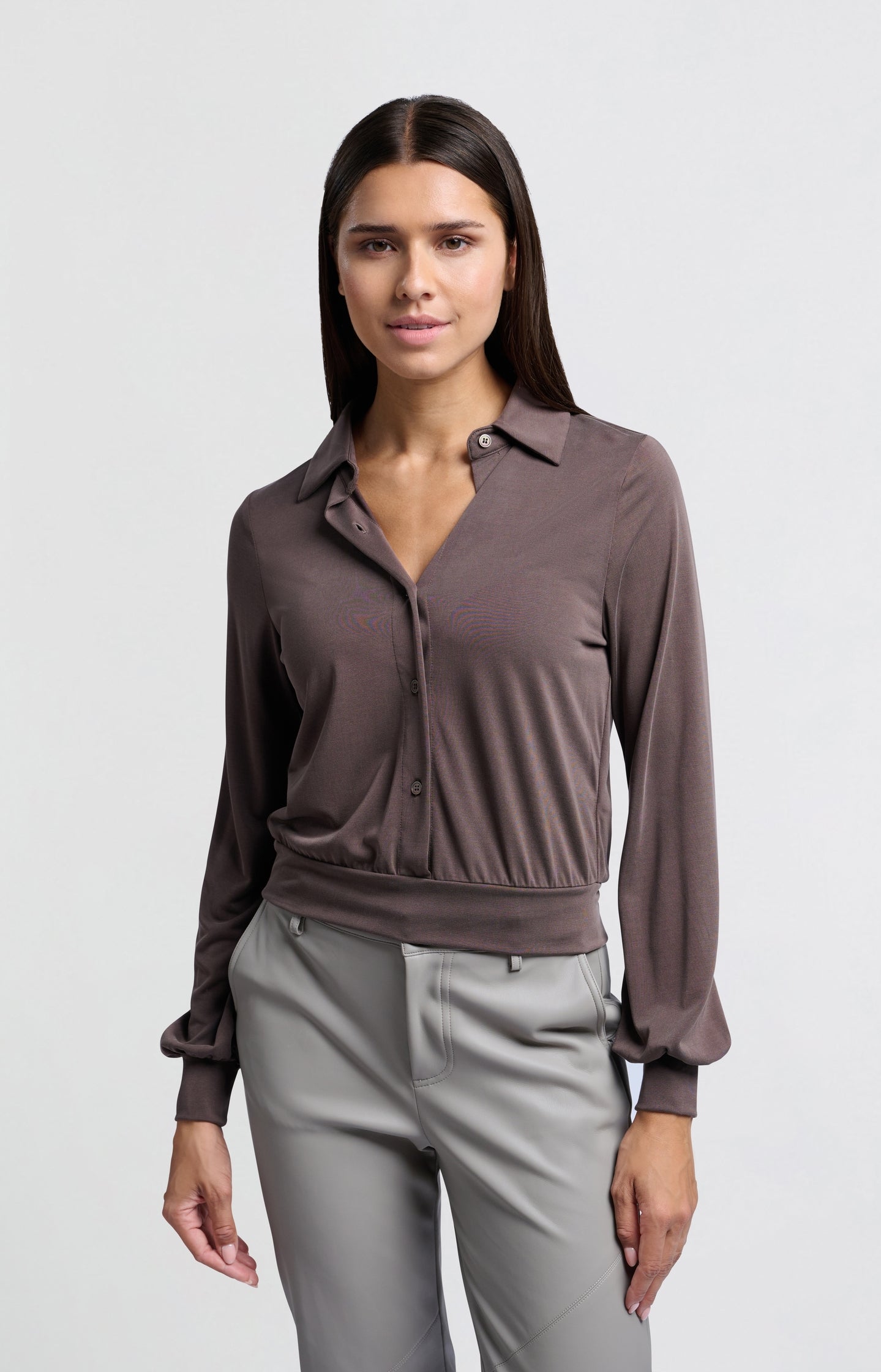 Jersey blouse top with balloon sleeves and button closure