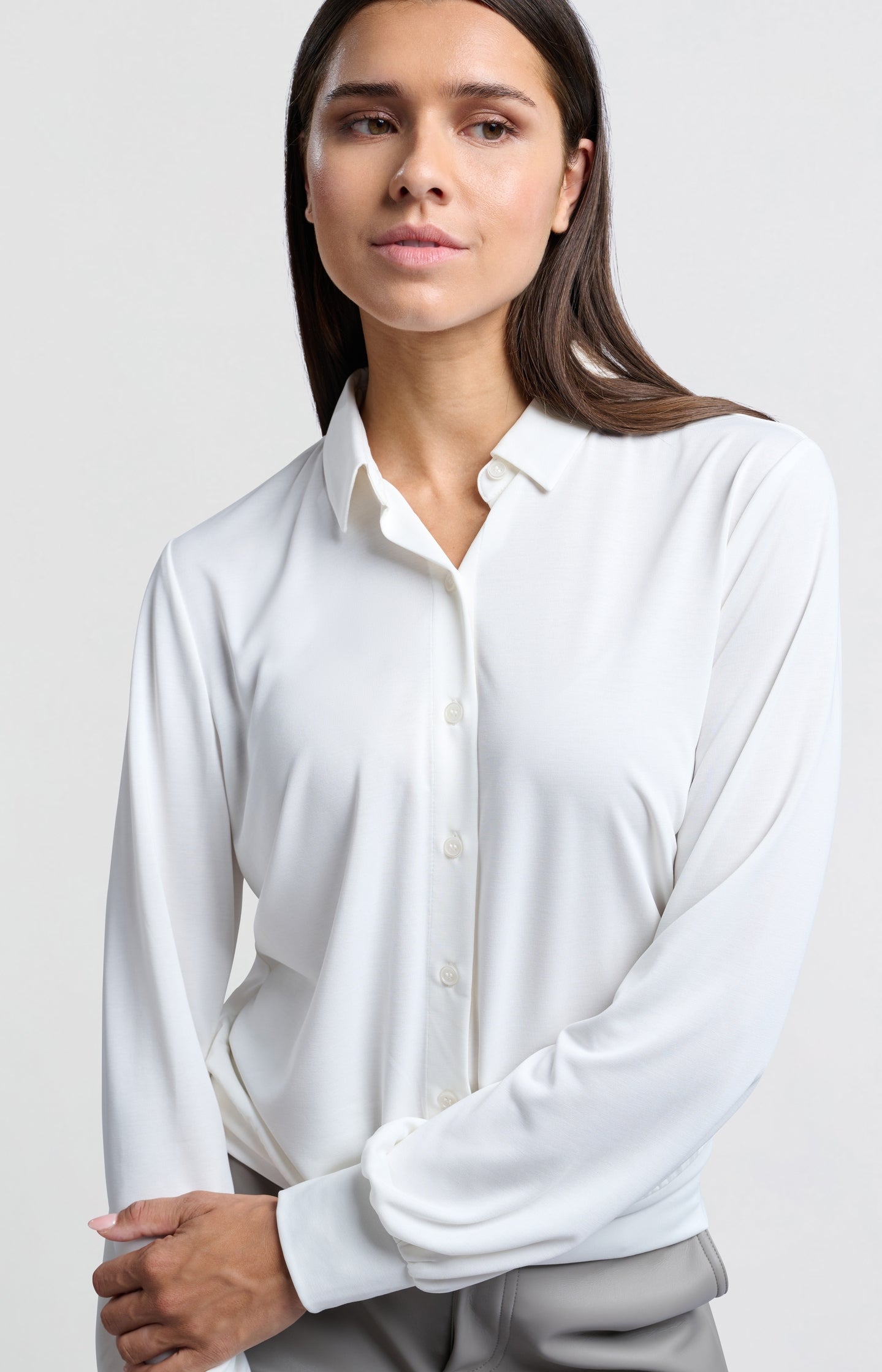 Jersey blouse top with balloon sleeves and button closure